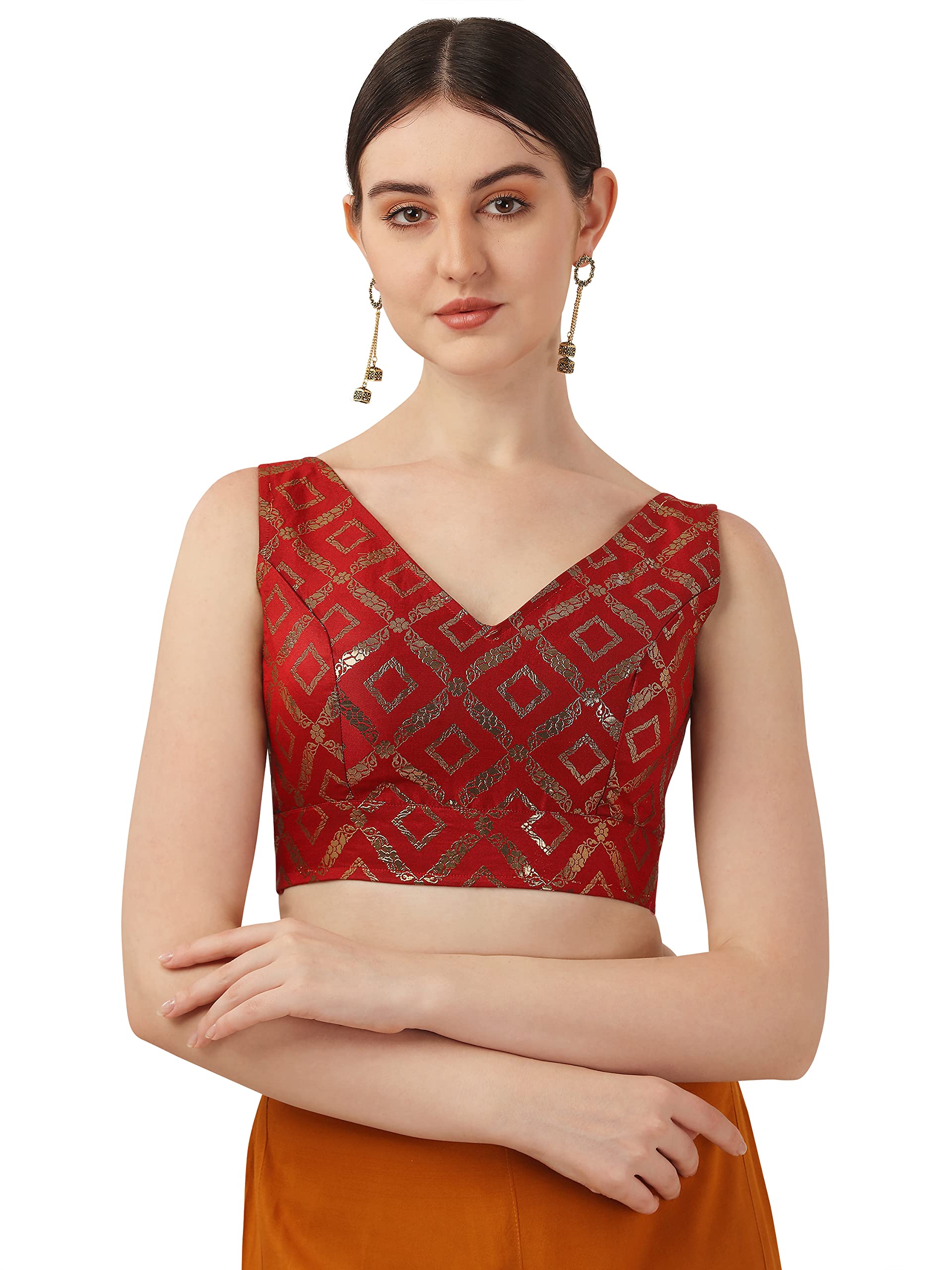 Oomph! Women's Indian Ethnic Wear Designer Zari Work V Neck Sleeveless Blouse For Saree Or Lehnga And Blousepalazzos Or Skirts For A Fusion Twist.