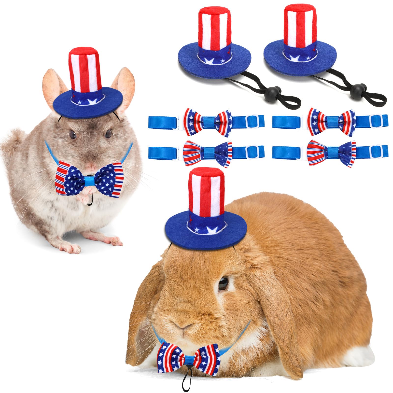 PETKNOWS 6 Pcs Pet Independence Day Costume, Uncle Sam's Hat for July 4th American Flag Tie for Rabbits Guinea Pigs and Small Pets Costumes