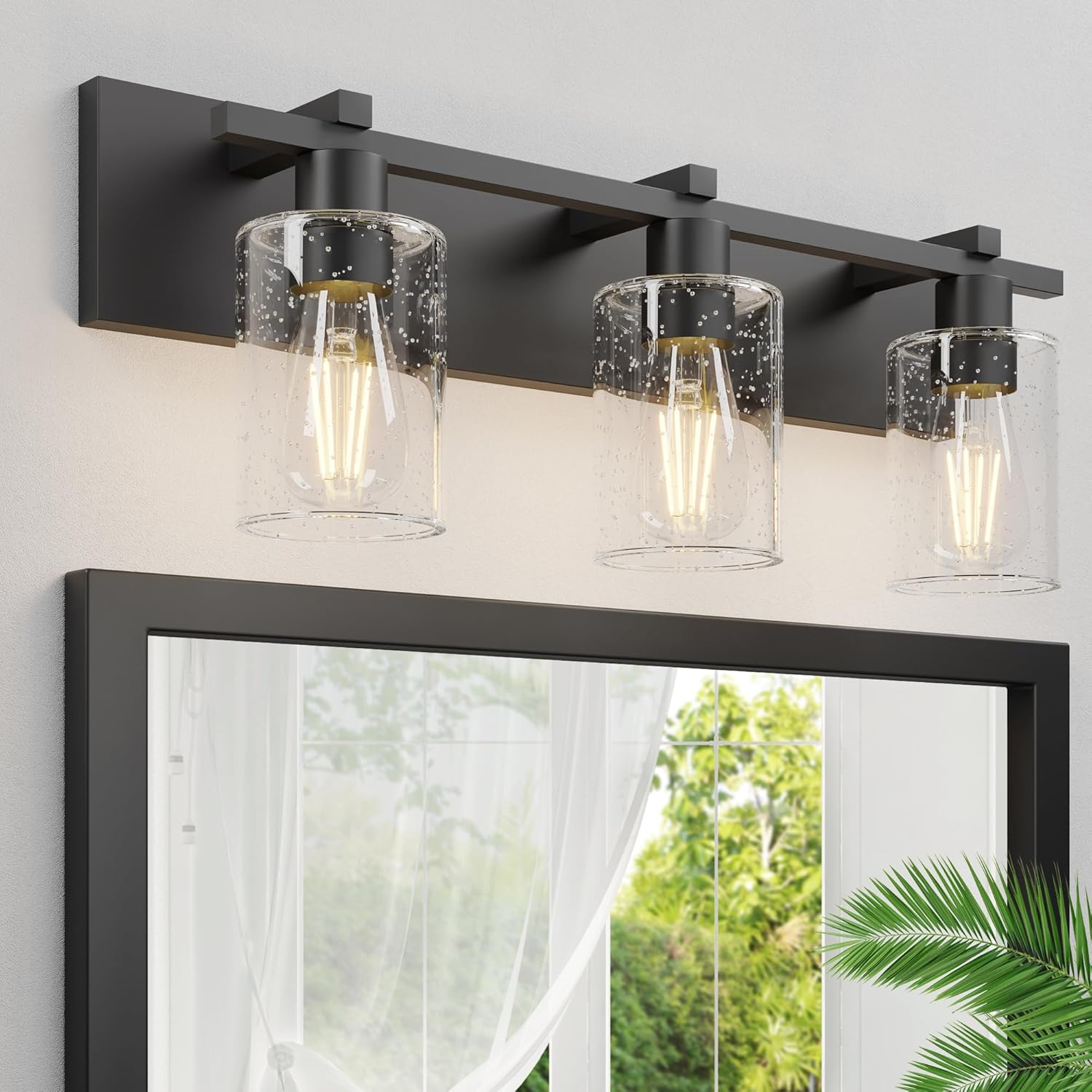 Espird Bathroom Vanity Light,3 Light Matte Black Light Fixture with Thickened Seeded Glass Shade, 24 inch Modern Wall Sconce,Vanity Light Over Mirror for Bathroom 3 light-seeded Black