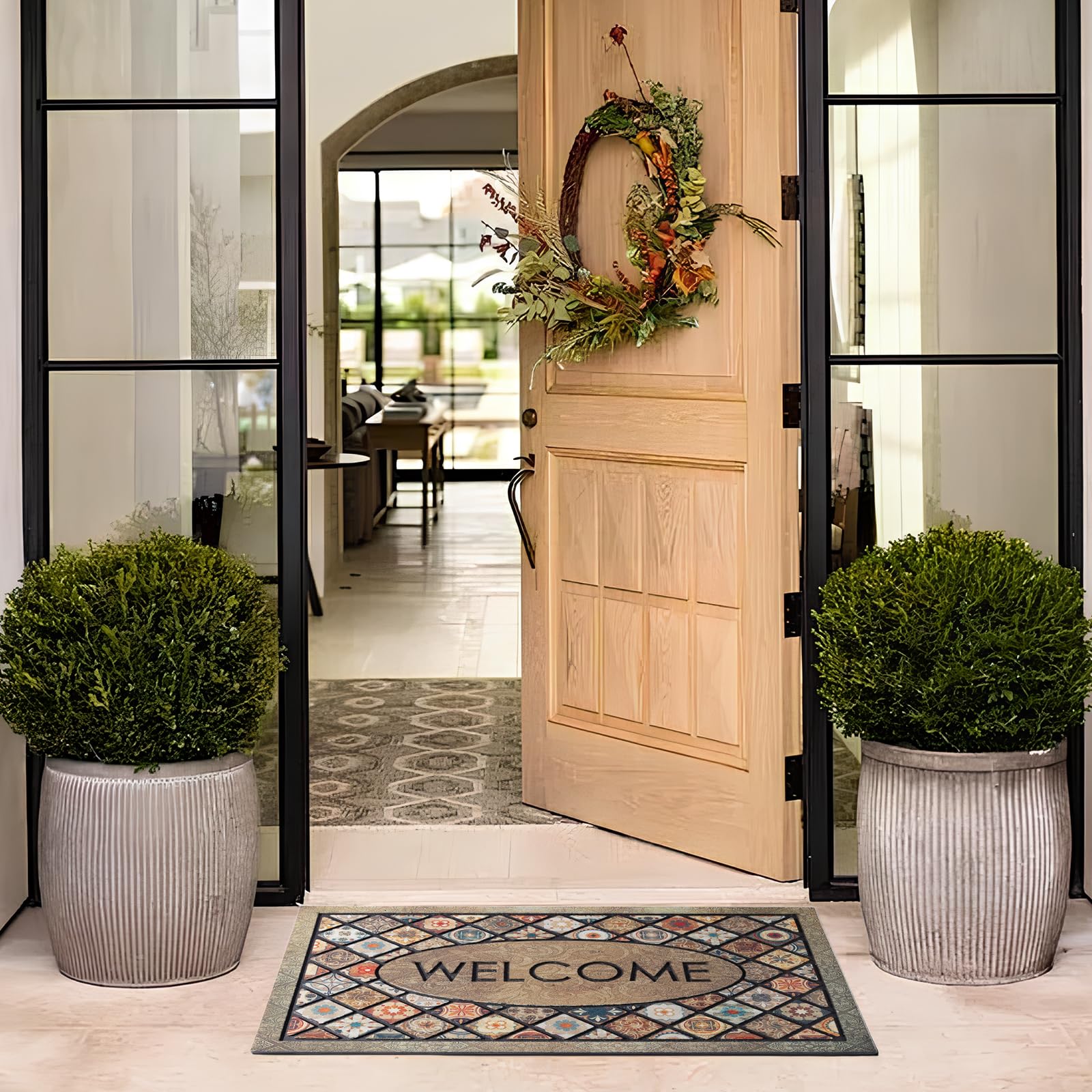Durable Welcome Door Mats 24”x36” Large Front Door Mat Heavy Duty Outdoor Mat for Home Entrance Non-Slip Rubber Outside Door Mat Entryway Floor Mats，Flower