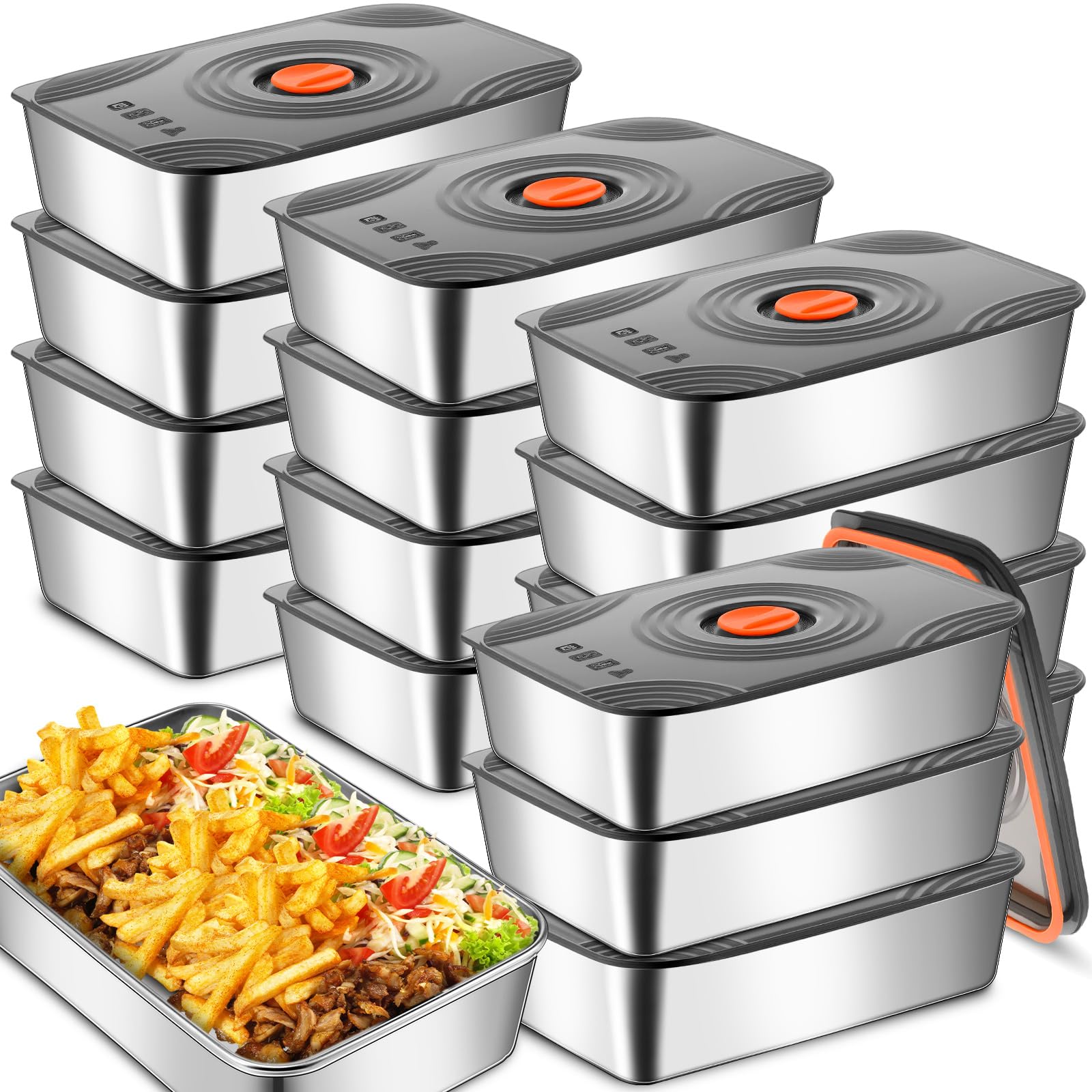 Layhit 16 juegos de recipientes de almacenamiento de alimentos de acero inoxidable de 60 onzas con tapas, grandes, reutilizables, apilables, contenedores de metal rectangulares para exteriores, para
