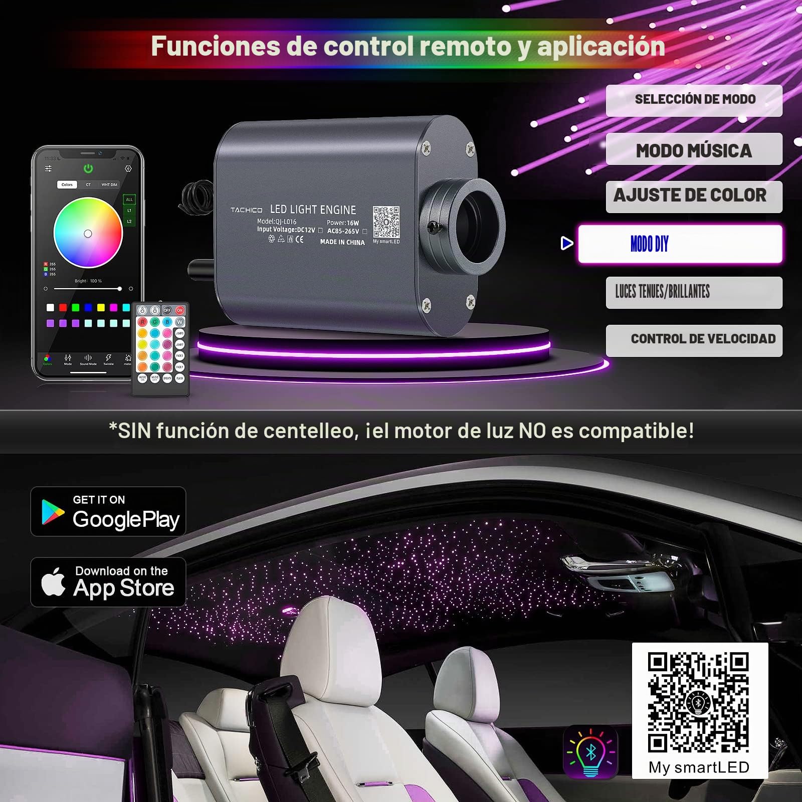Meteor 16W fibra óptica led, luces de fibra óptica con modo Bluetooth/Remoto/Música, Cable de fibra 450pcs*0.75mm*3m+kit de estrella fugaz para techo de coche
