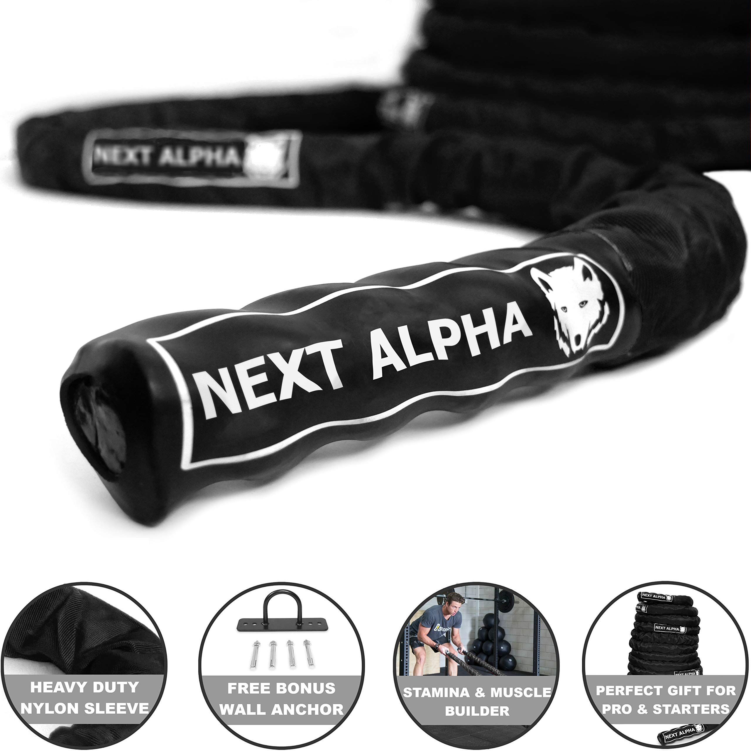 Battle Rope - Cuerde de Batalla - 38mm/50mm, 9m/12m/15m - Funda de Protección - Anclaje a La Pared