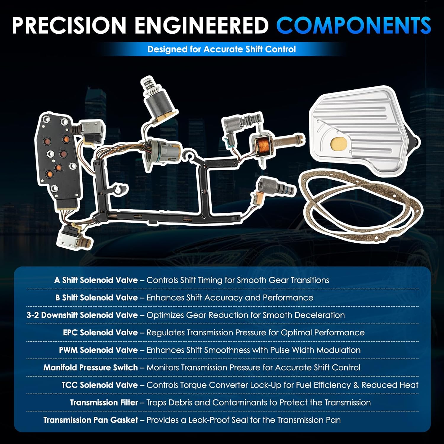 4L60E 4L65E Transmission Solenoid Kit with Harness Fit for GMC for Chevy 2003-2007 GM EPC Shift TCC 3-2 PWM Automotive Replacement Transmission Solenoid Pack 4L60E 4L65E Master Solenoid Kit