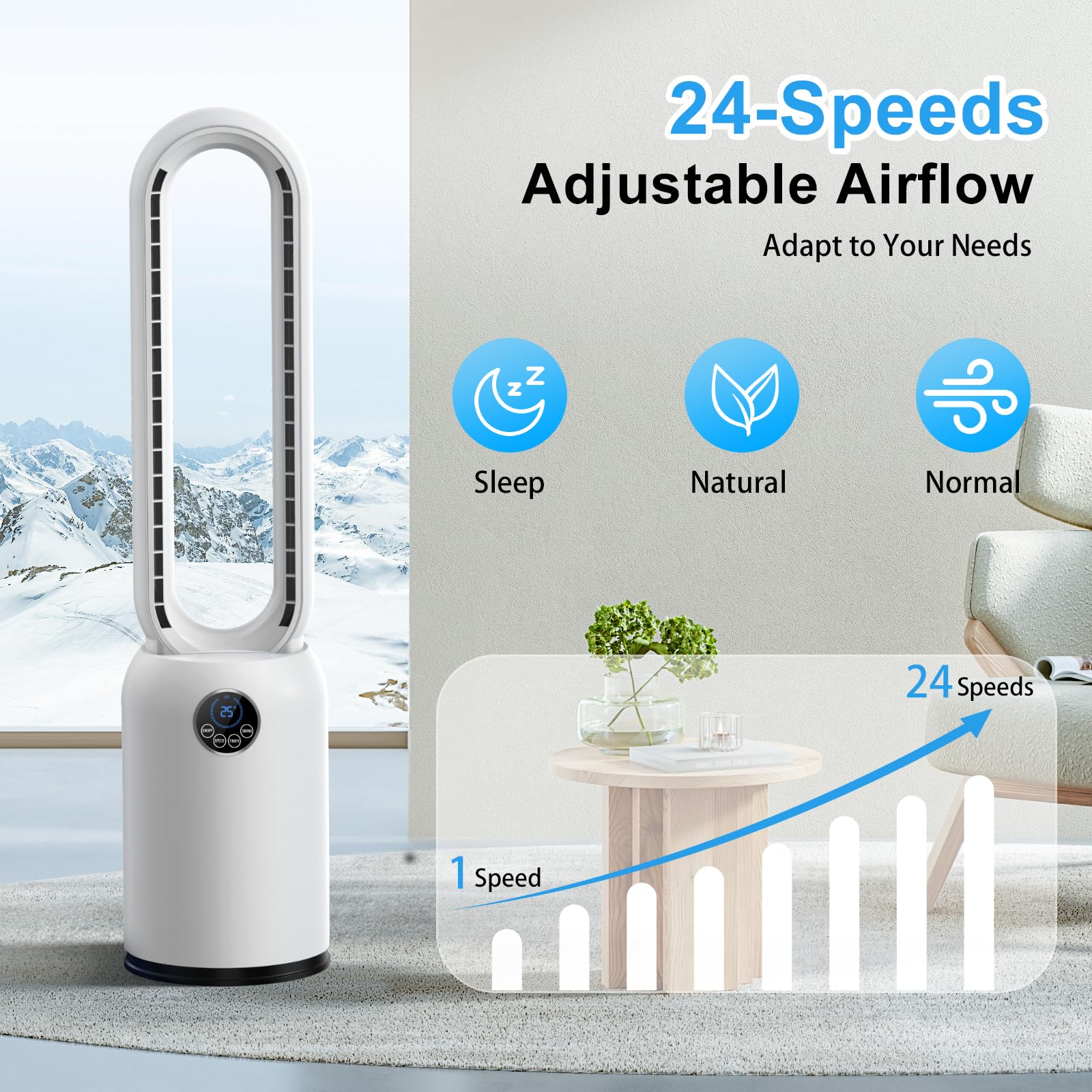 YAZEKY Ventilatore Senza Pale,Ventilatori a Torre Silenzioso 24 Velocità, Timer 12 Ore, Oscillazione 90°, Display LED e Telecomando, Portatile per Camera da Letto, Casa e Ufficio (white)
