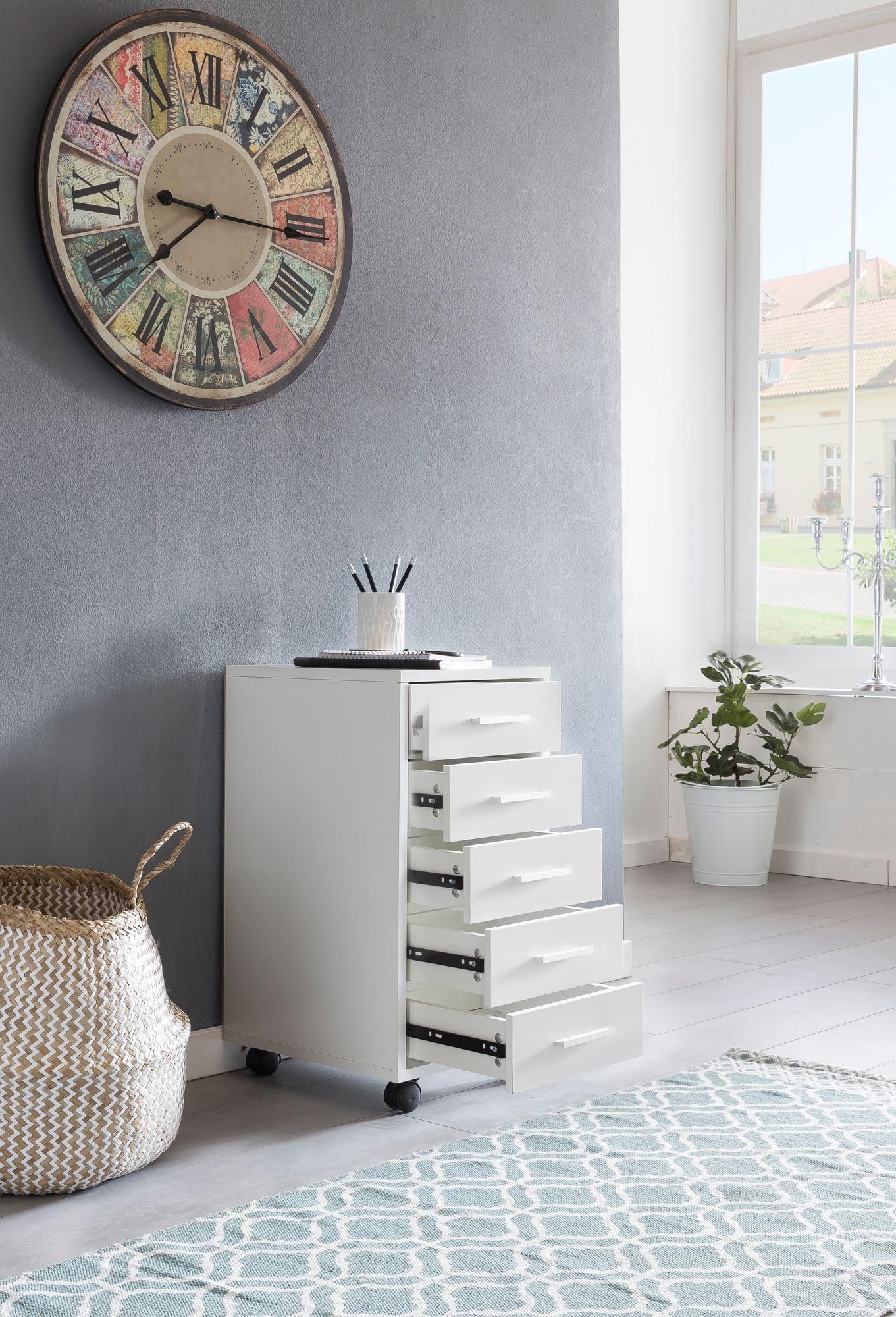 FineBuy Rollcontainer Weiß 33 x 63 x 38 cm Holz Schubladenschrank Schreibtisch, Büro Schrank mit 5 Schubladen, Container Rollschrank klein Standcontainer schmal, Schreibtischcontainer mit Rollen