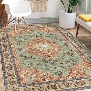 Washable Boho Area Rug Red Rust Green Large Living Room 5'×7' Rug Non-Slip Soft Oriental Vintage Bedroom Carpet Dining Room Nursery Home Office Indoor Decor