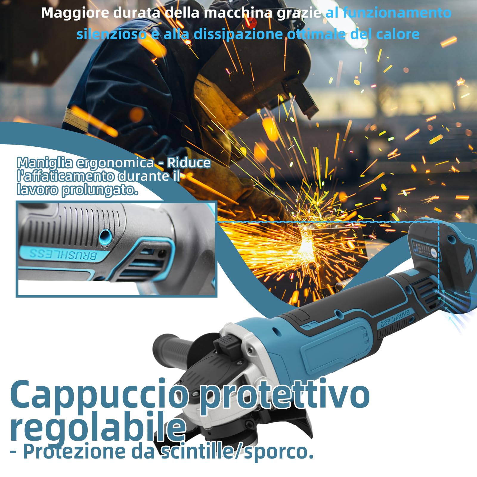 Smerigliatrice angolare a batteria compatibile con Makita 18 V, 8500 giri/min, regolazione della velocità in 4 fasi, disco abrasivo da 125 mm con chiave per levigatura, taglio e lucidatura (senza