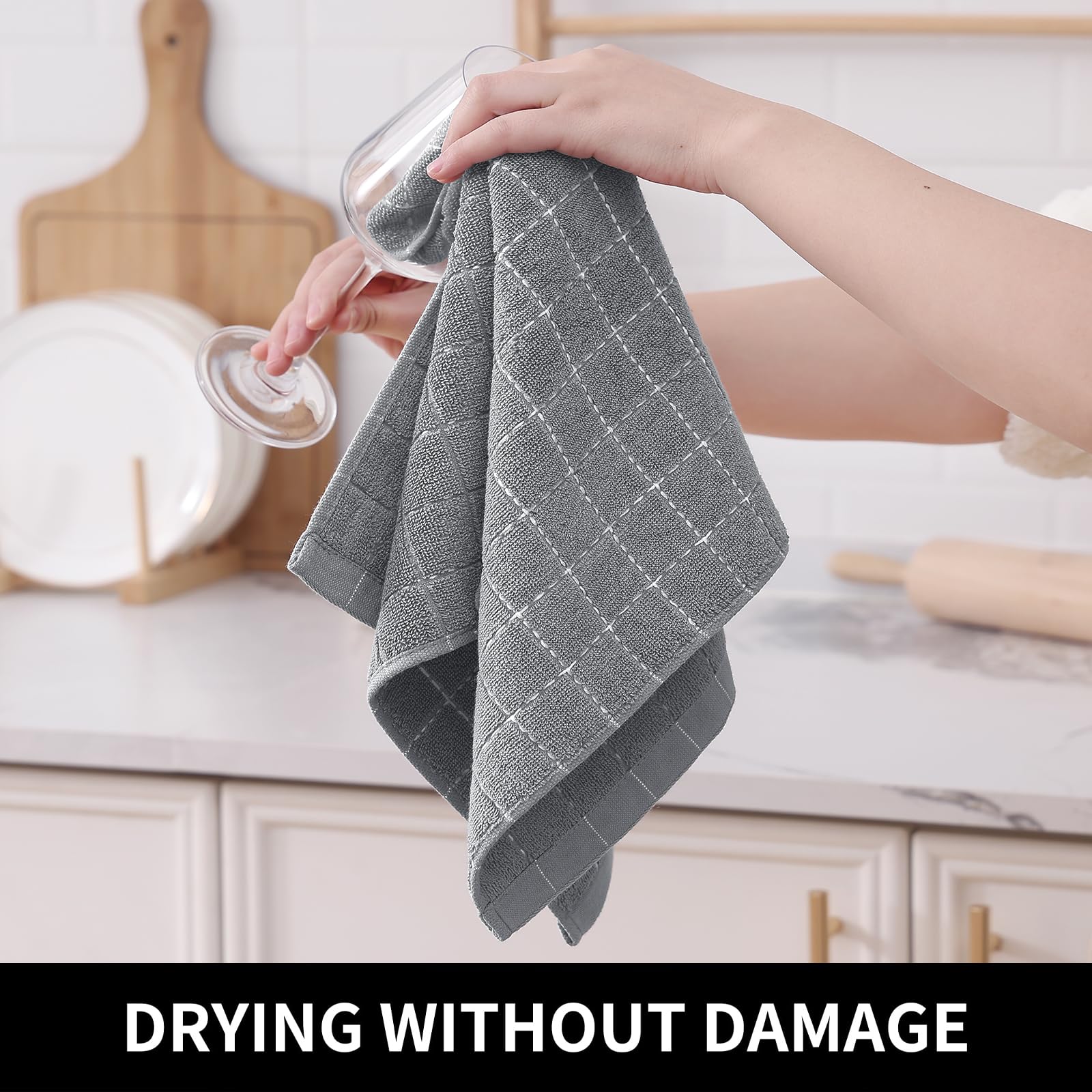 Homaxy Lot de 6 torchons de cuisine 100 % coton éponge doux et super absorbants, motif à carreaux, gris moyen, 33 x 71 cm