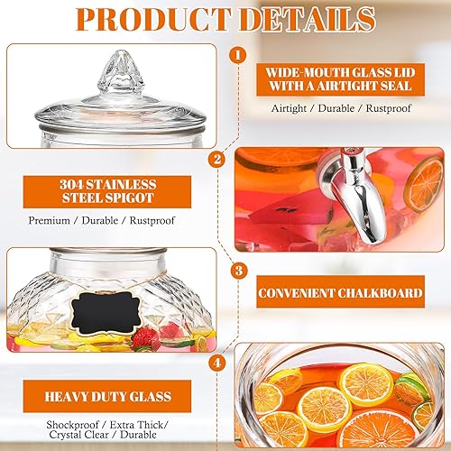 Miniatura 6 de Baderke Dispensador de bebidas de vidrio de 4 galones para fiestas, dispensador de agua de vidrio con espiga de acero inoxidable 188 a prueba de