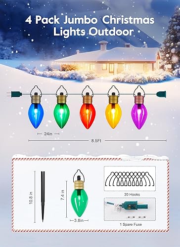 Miniatura 9 de Paquete de 2 luces de Navidad Jumbo C9 para decoración de césped al aire libre con estacas de marcador de camino, luces C7 de 8.5 pies, bombilla