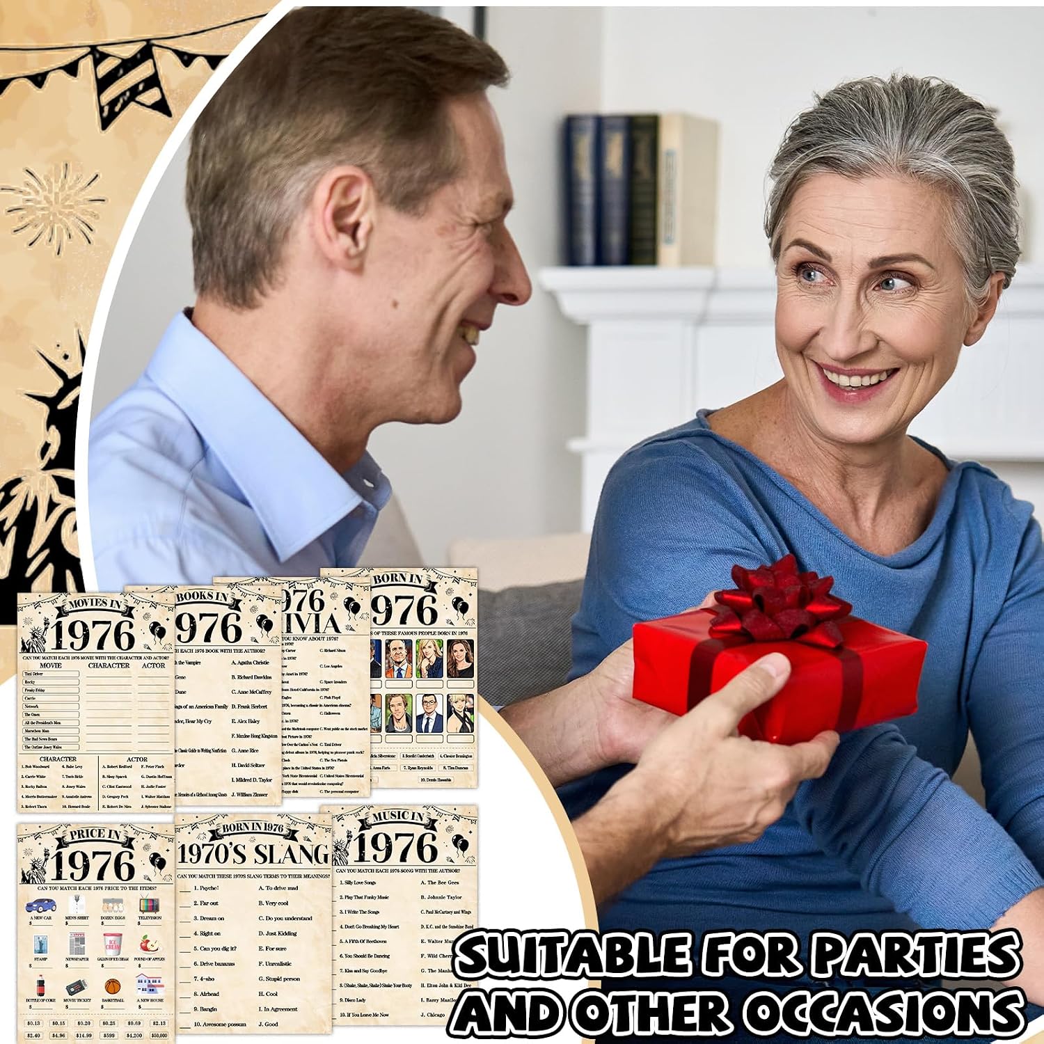 70Pcs 50th Birthday Party Games Born In 1976 Fun 1976 Trivia Music Slang Books Game Double-Sided Game Cards Vintage 50th Birthday Party Supplies for 50 Year Old Activity Anniversary Class Reunion