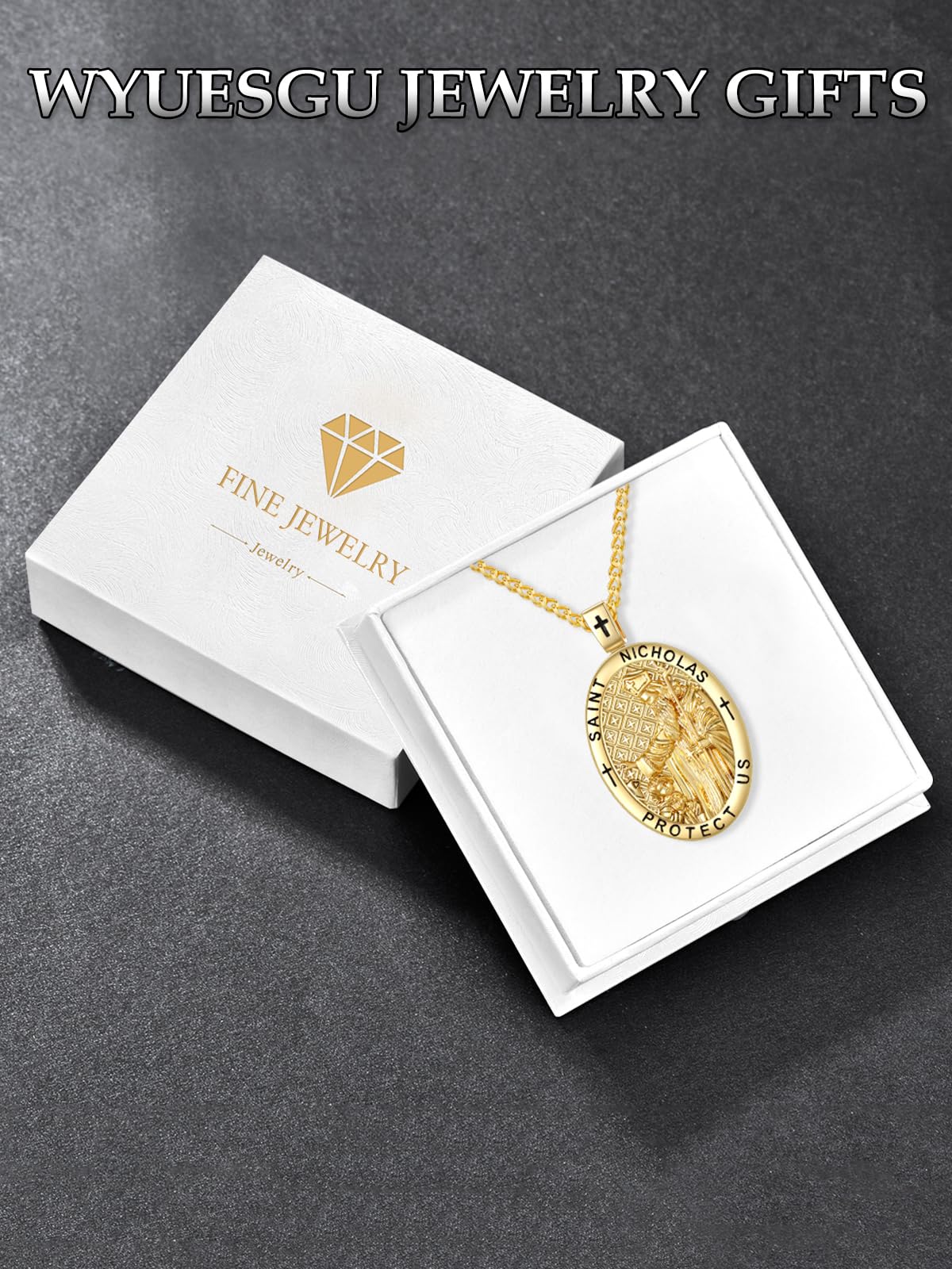 Medalla de oro de 14 quilates con colgante de San Patrono para hombre, collar católico religioso de cumpleaños para hombres con cadena Rolo de 2,5 mm de 22 pulgadas + 2 pulgadas
