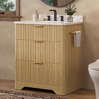 IRONCK 30" Bathroom Vanity with Ceramic Sink, Freestanding Bathroom Sink Cabinet with 2 Drawers & 1 Flip-Down Drawer, Wood Grain Texture, Farmhouse