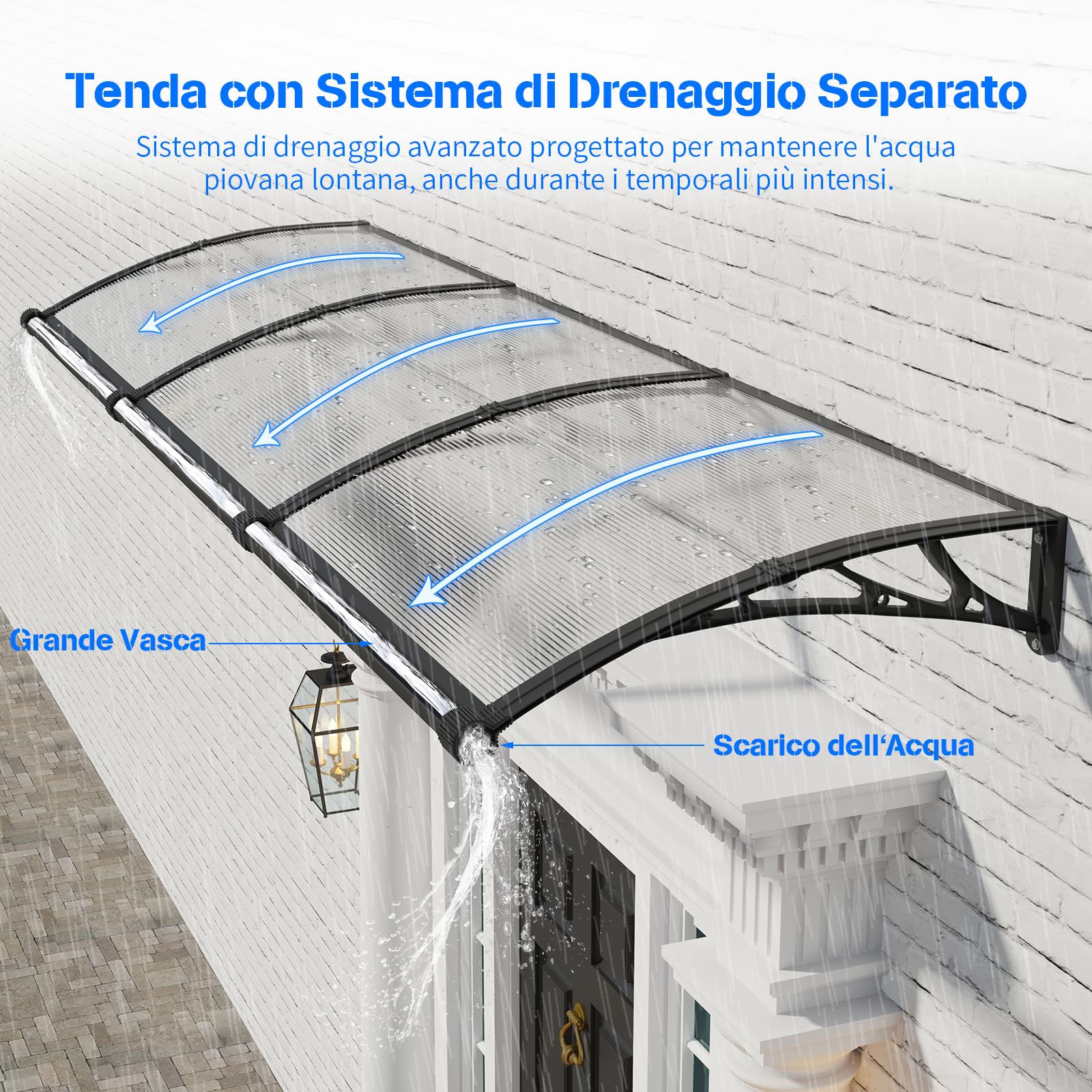 Pensilina da Esterno 150x80 cm in Policarbonato con Grondaia Integrata,Baldacchino Tettoia per Porta,Finestra e Veranda,con Protezione UV,Antipioggia e Antineve