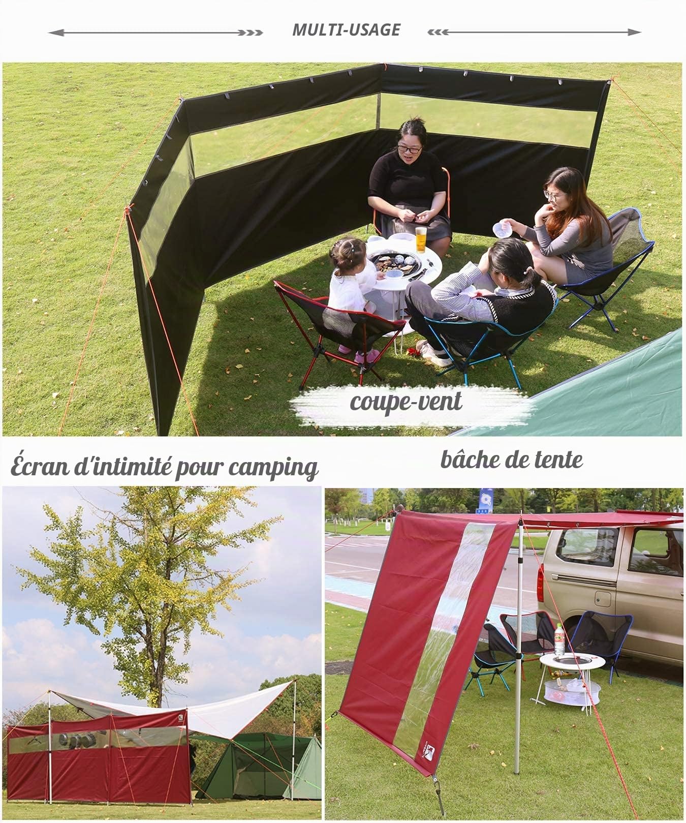 Camping Paravent Windshield - avec fenêtre,Grand Tente de Plage,Brise-Vue de Jardin (Upgrade-Black)