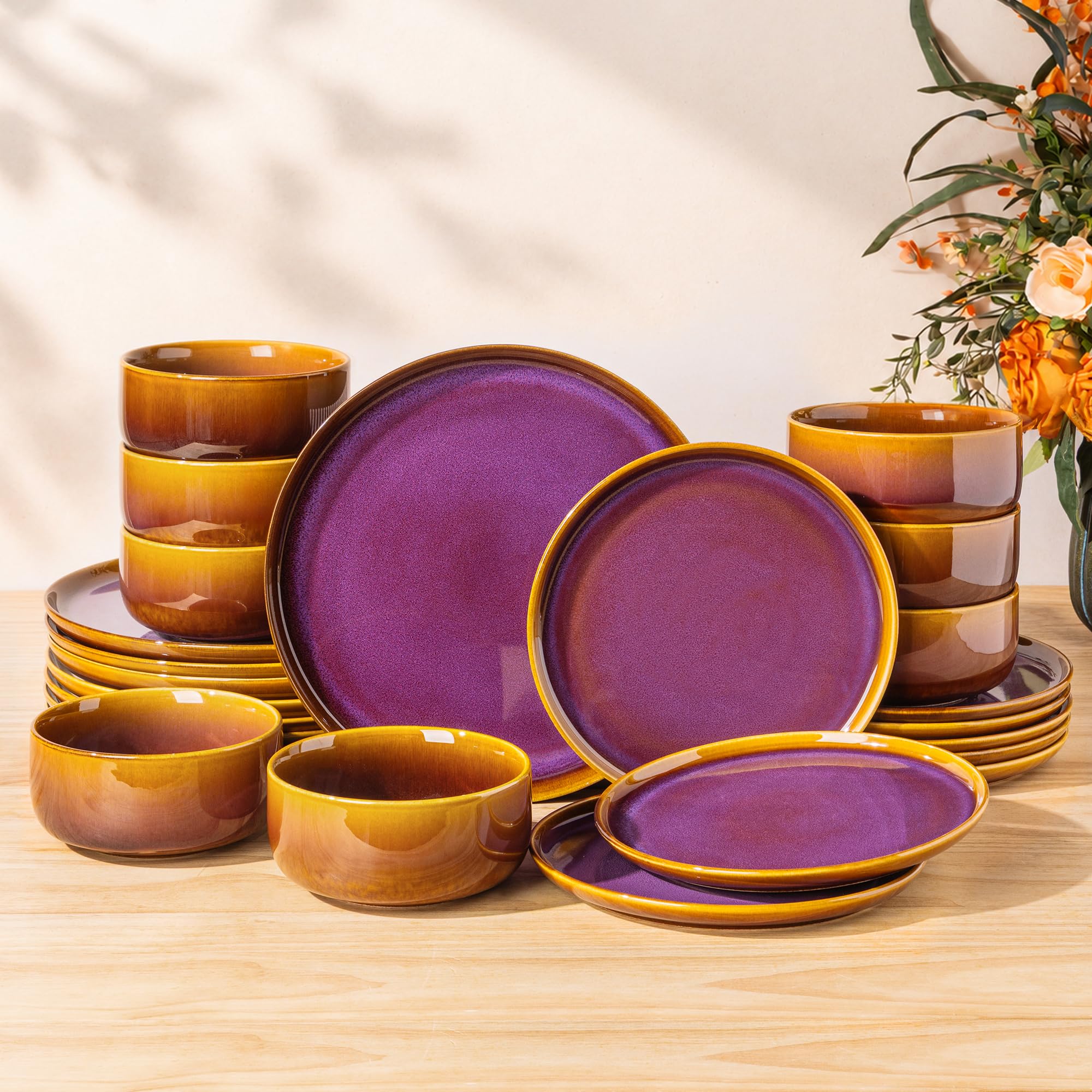 Ceramic Dinnerware Set for 8, 24-Piece Plates and Bowls Set | Handmade Reactive Glaze Dish Set, Scratch Resistant, Oven &amp; Microwave &amp; Dishwasher Safe, Amber Amethyst