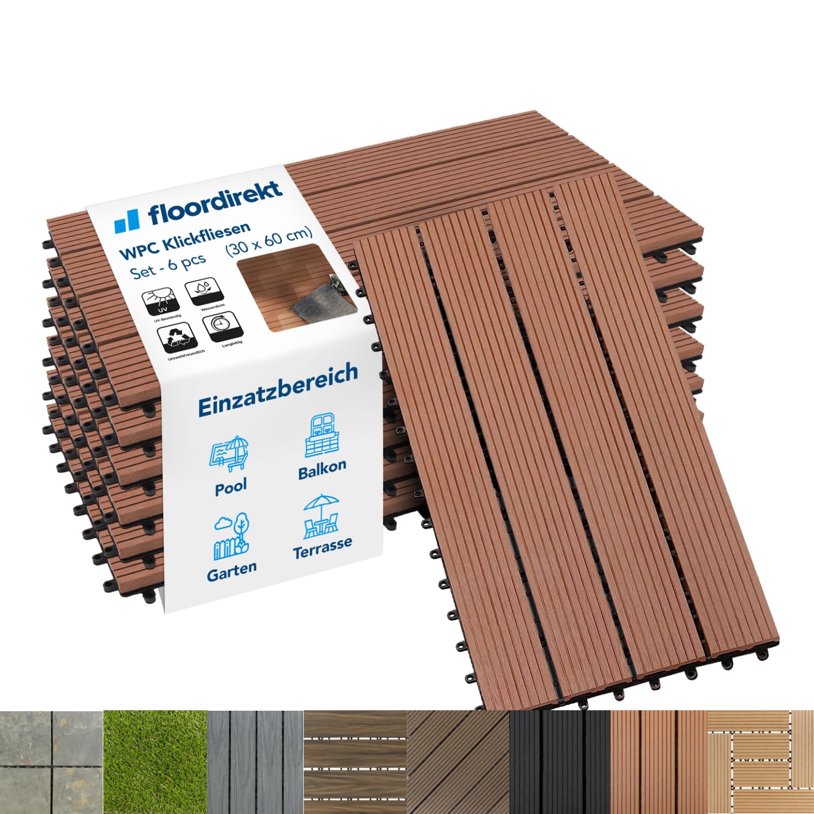 Floordirekt WPC-tegels, 60 x 30 cm, 1 m² = 6 terrastegels, kliktegels
