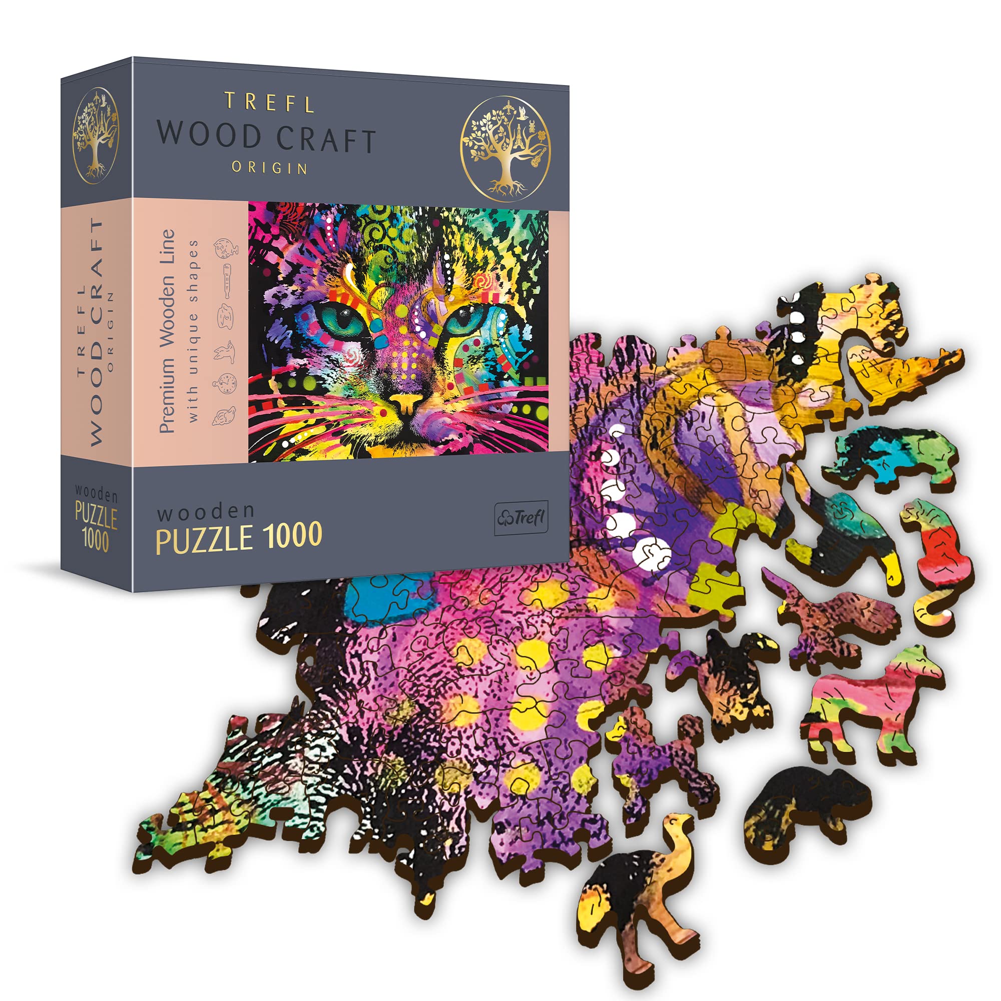 Trefl - Puzzle in legno, Gatto colorato - 1000 elementi, artigianato ligneo, forme irregolari, 100 figure di animali, moderno puzzle premium, fai da te, per adulti e bambini dai 12 anni