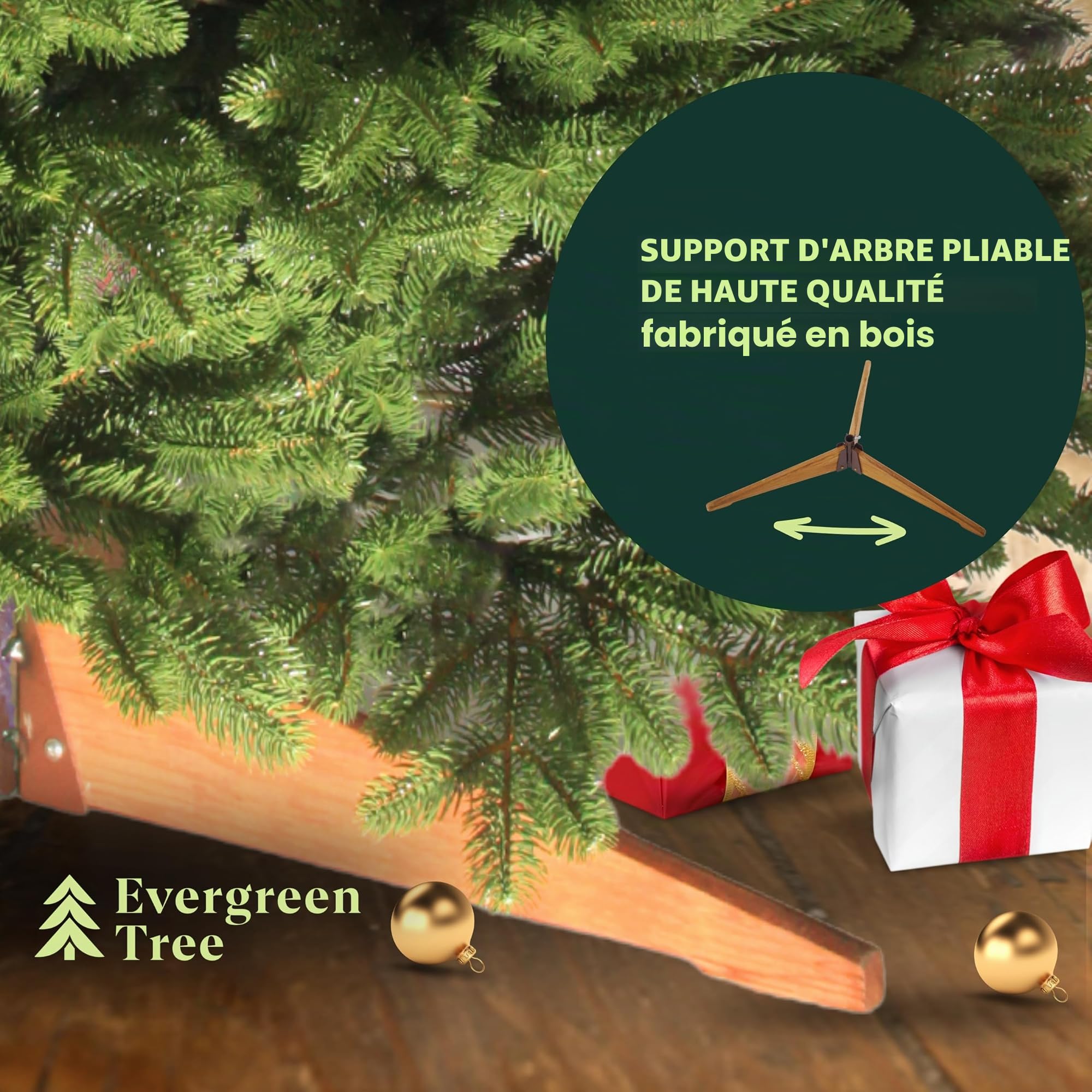 Evergreen Tree® Premium Sapin de Noël artificiel 150 cm - 100% Sapin de Noël en injection avec branches 3D - Naturel et dense, sapin de Noël avec socle en bois, fabriqué dans l'UE
