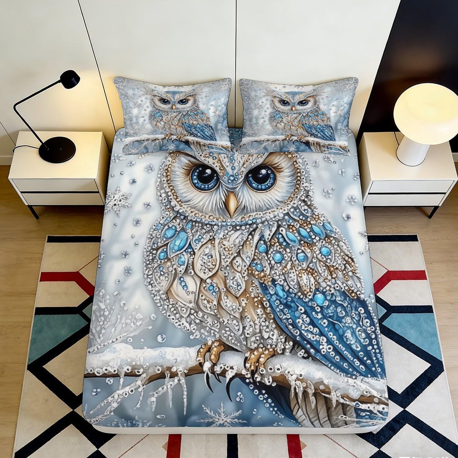 3D Printed Snowy Owl Fitted Sheet Microfiber Soft Blue Grey Artistic Bed Cover for Bedroom Guest Room Decor 90x200x25cm