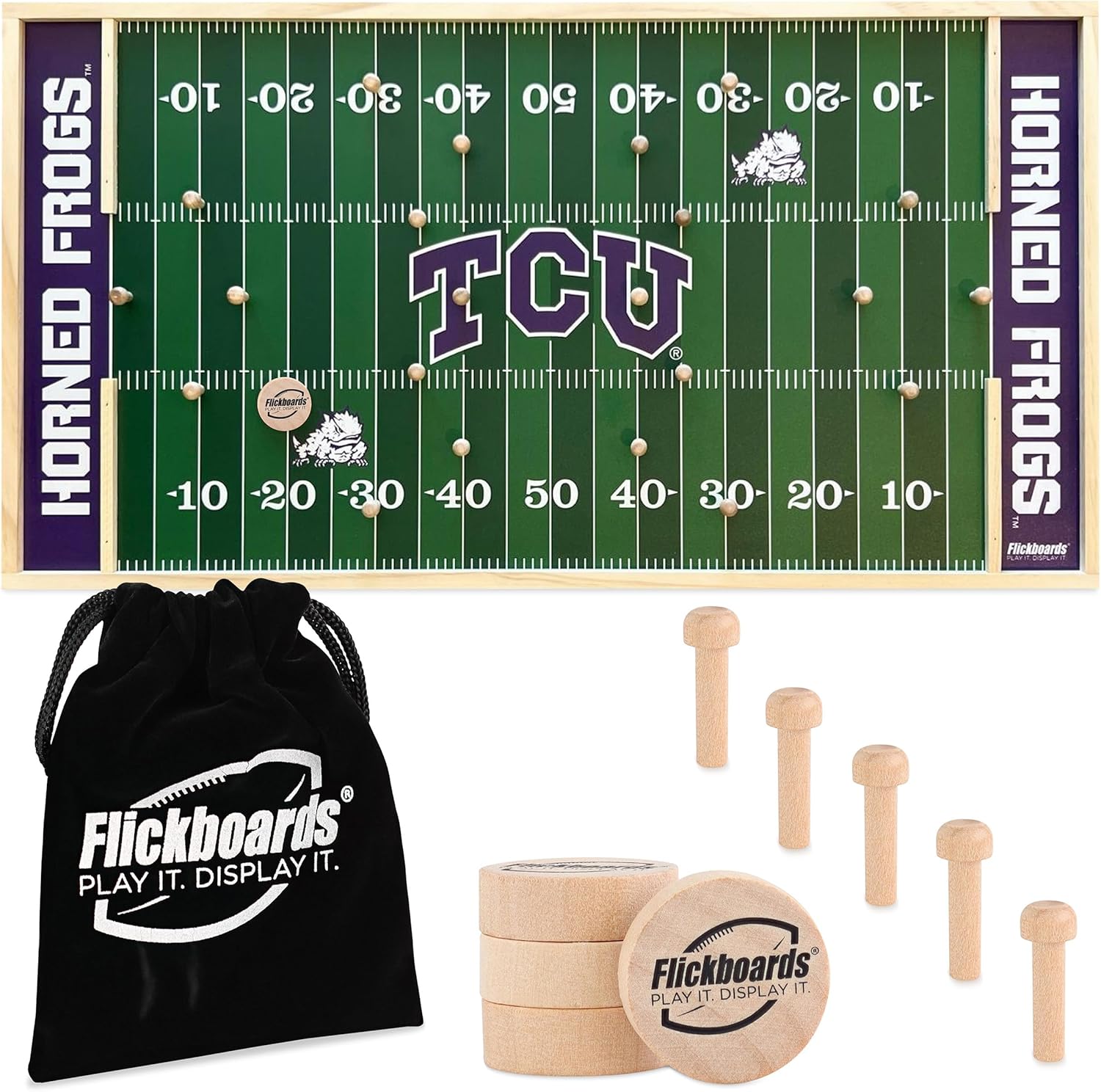 Flickboards 2 in 1 Officially Licensed TCU Horned Frogs Party Game and Sports Decor - Family Friendly 2 Player Indoor Outdoor Handcrafted Wooden Tabletop Football for Tailgating Fun