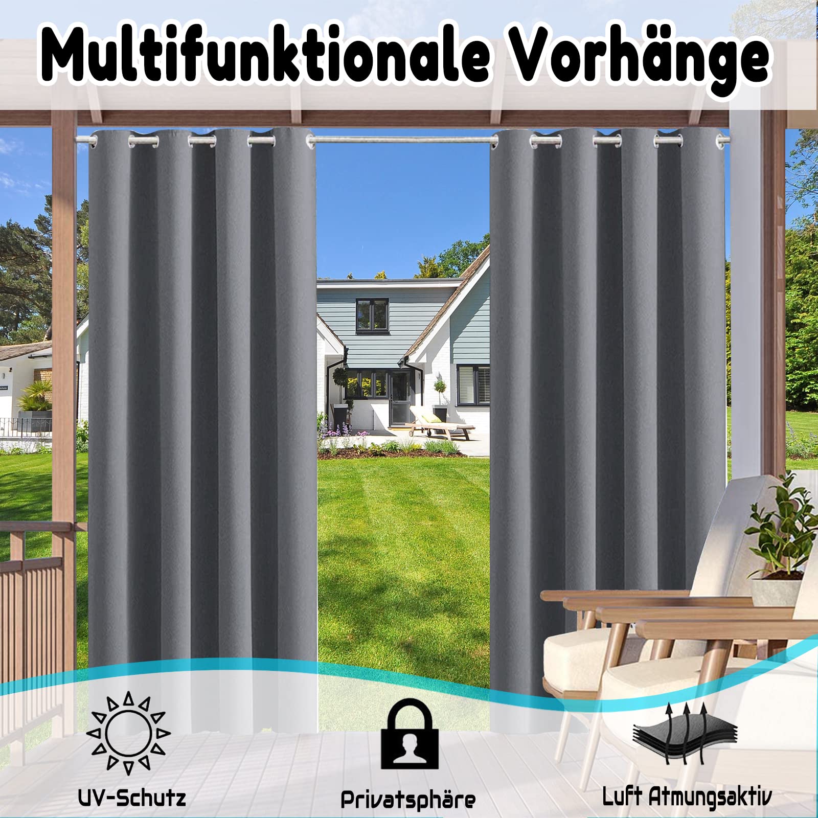 Outdoor Vorhang Wetterfest, 1 Stück Outdoor Vorhang Wasserdicht Wetterfest Blickdicht mit Ösen, 24 Farben Sichtschutz Sonnenschutz Outdoor Gardine für Veranda, Pergola, Laube, Custom