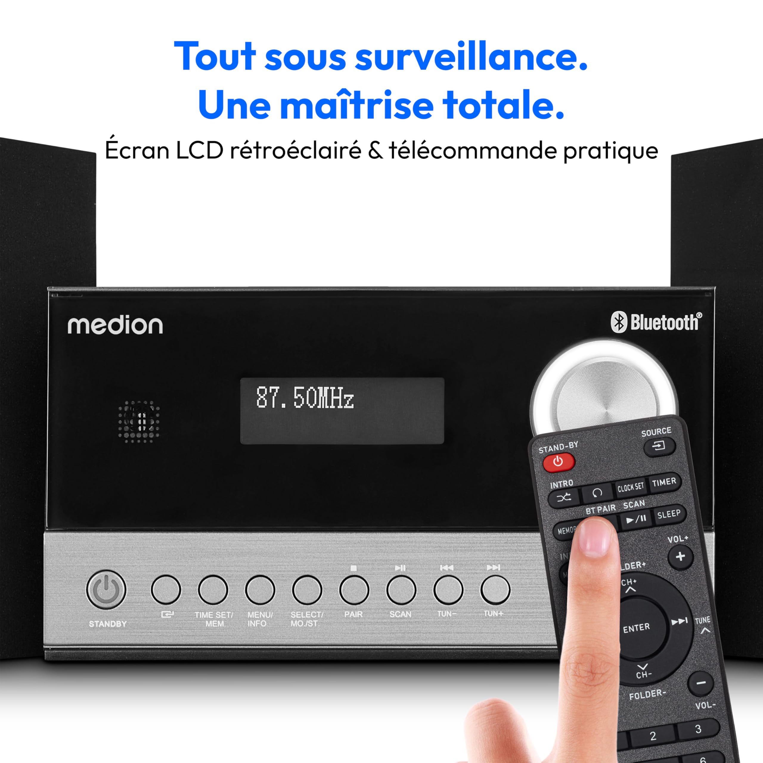 MEDION E64088 Microsystème Audio Compact (Dab+, Lecteur CD. PLL FM Radio, Bluetooth, Connexion USB, Sleeptimer, MP3, écran LCD avec Affichage 12/24 Heures)