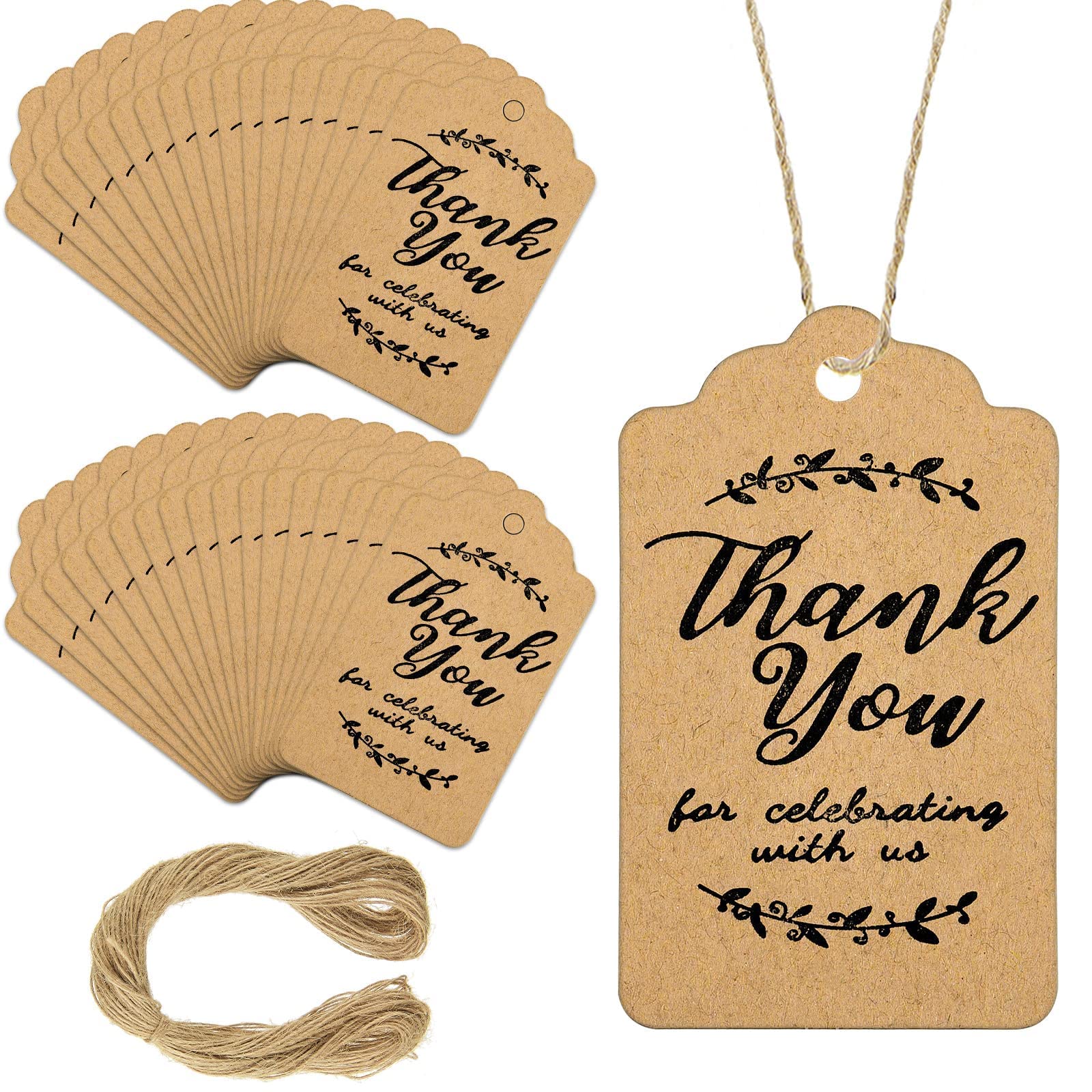 TERRIFI200 Pcs Kraft Gift Paper Tags, 5 x 3 cm Thank You for Celebrating with Us Wedding Labels Rustic Luggage Labels Kraft Gift Tags with String Luggage Tags Brown Card for Name