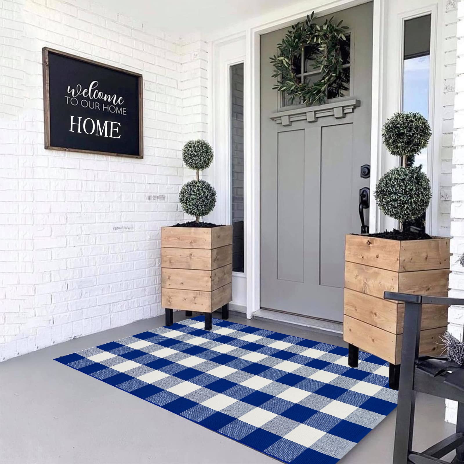 MUBIN Cotton Buffalo Plaid Rug, 3'x5' Blue and White Outdoor Rug Front Door Decorative Mat, Hand-Woven Foldable Rug for Layered Door Mats Washable
