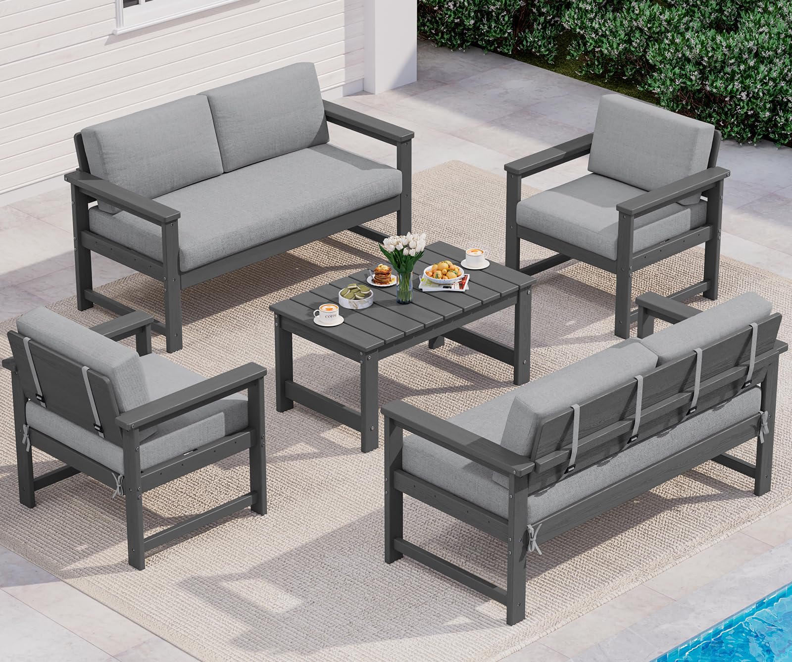 SERWALL 5 Pieces HDPE Outdoor Conversation Sofa Set with Cushion