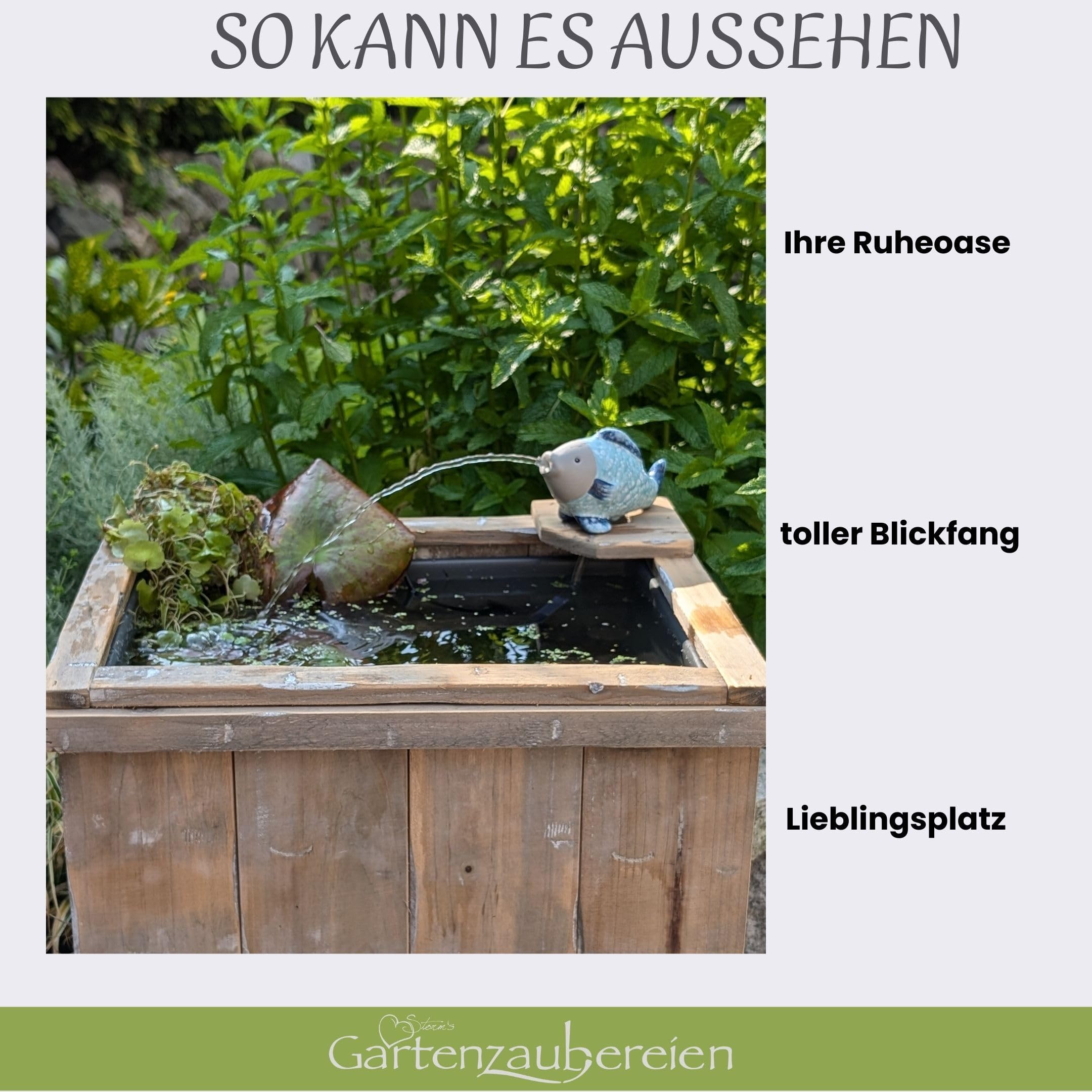 Storm's Gartenzaubereien Wasserspeier Fisch aus Keramik mit Pumpe 230V - für Miniteiche - Balkondeko - Wetterfest - Gartendeko -Teichzubehör - Wasserspeier Teich Fisch