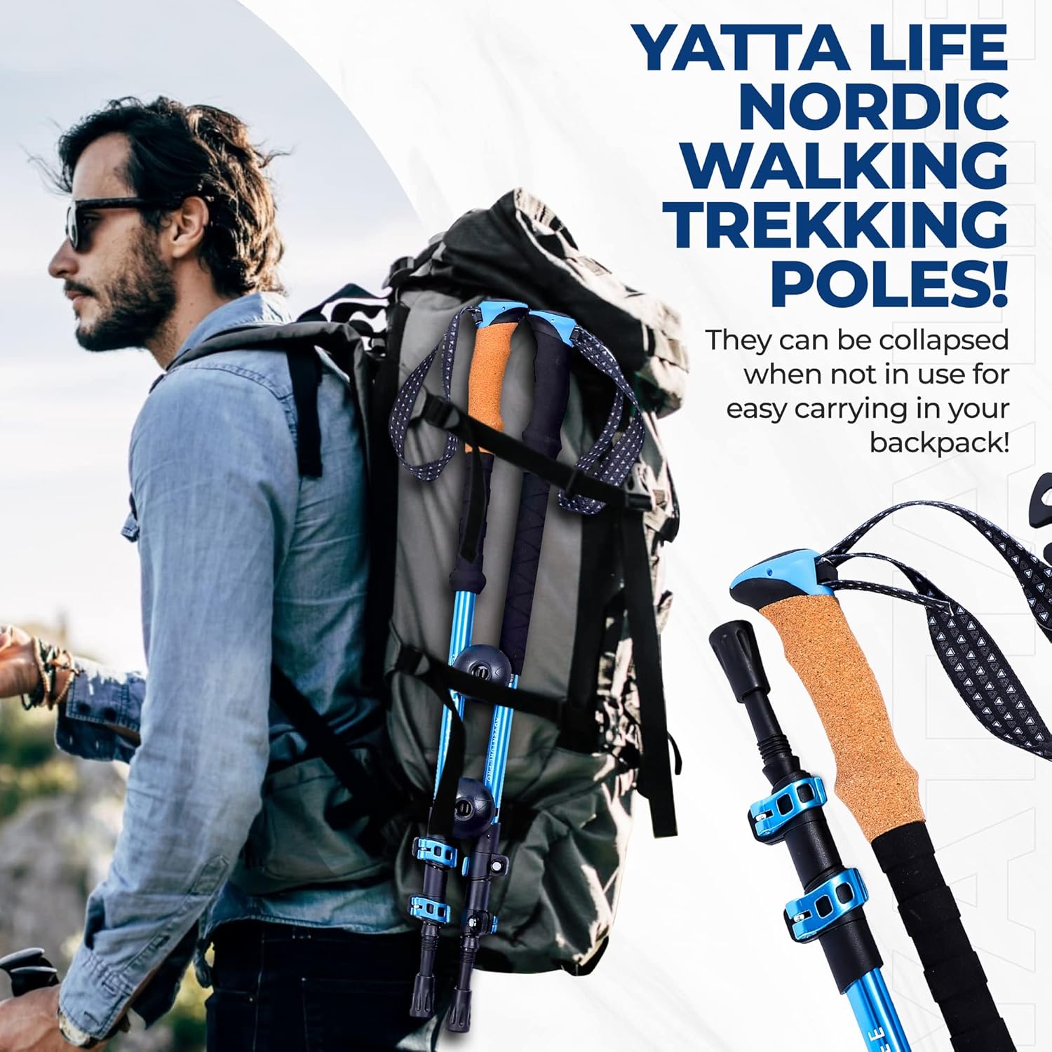 Adventure Pro Trekking Poles for Hiking - Anti Slip Collapsible Walking Sticks for Travel with Cork and Eva Grip, Lightweight Hiking Poles for Men and Women, 2 Sticks in 1PACK