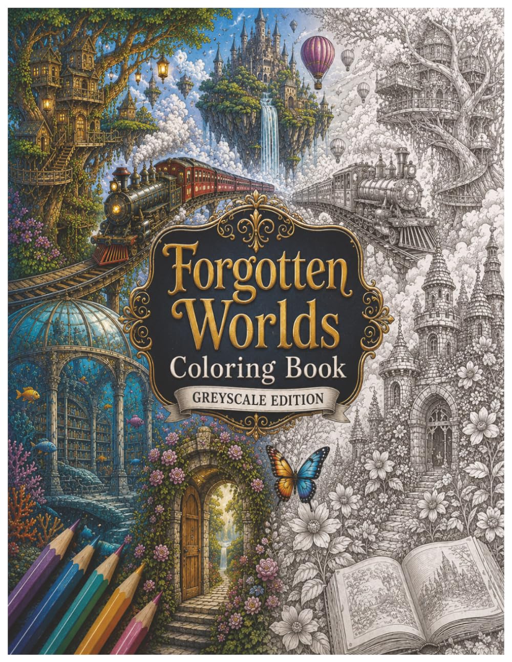 Forgotten Worlds Coloring Book: 100 Grayscale Fantasy Coloring Pages Featuring Floating Trains, Underwater Libraries, Tree Cities, Lost Kingdoms and Magical Realms (Greyscale Coloring Books)