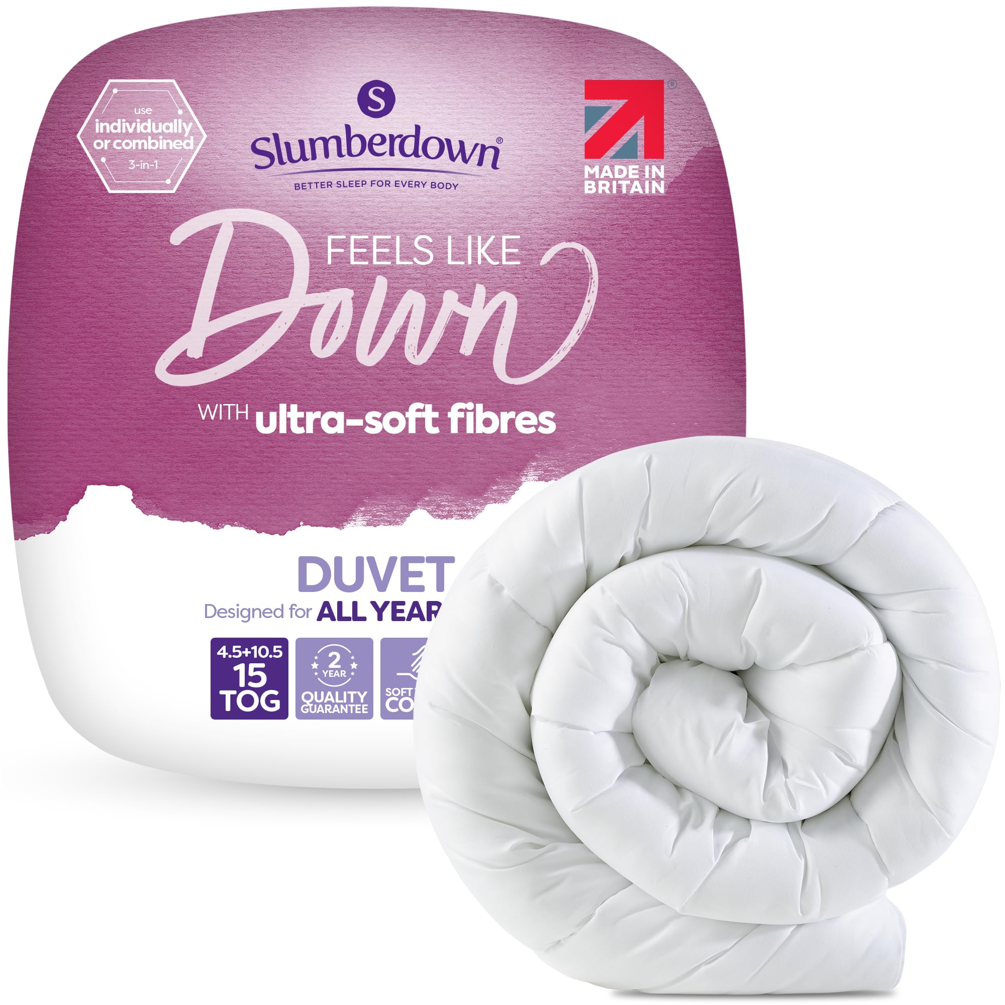 Slumberdown Feels Like Down 15 Tog Double Duvet - UK Made All Seasons Combi Double Quilt (4.5 +10.5 Tog) for All Year Round Comfort - Ultra Soft, Non-Allergenic & Machine Washable (200 x 200cm)