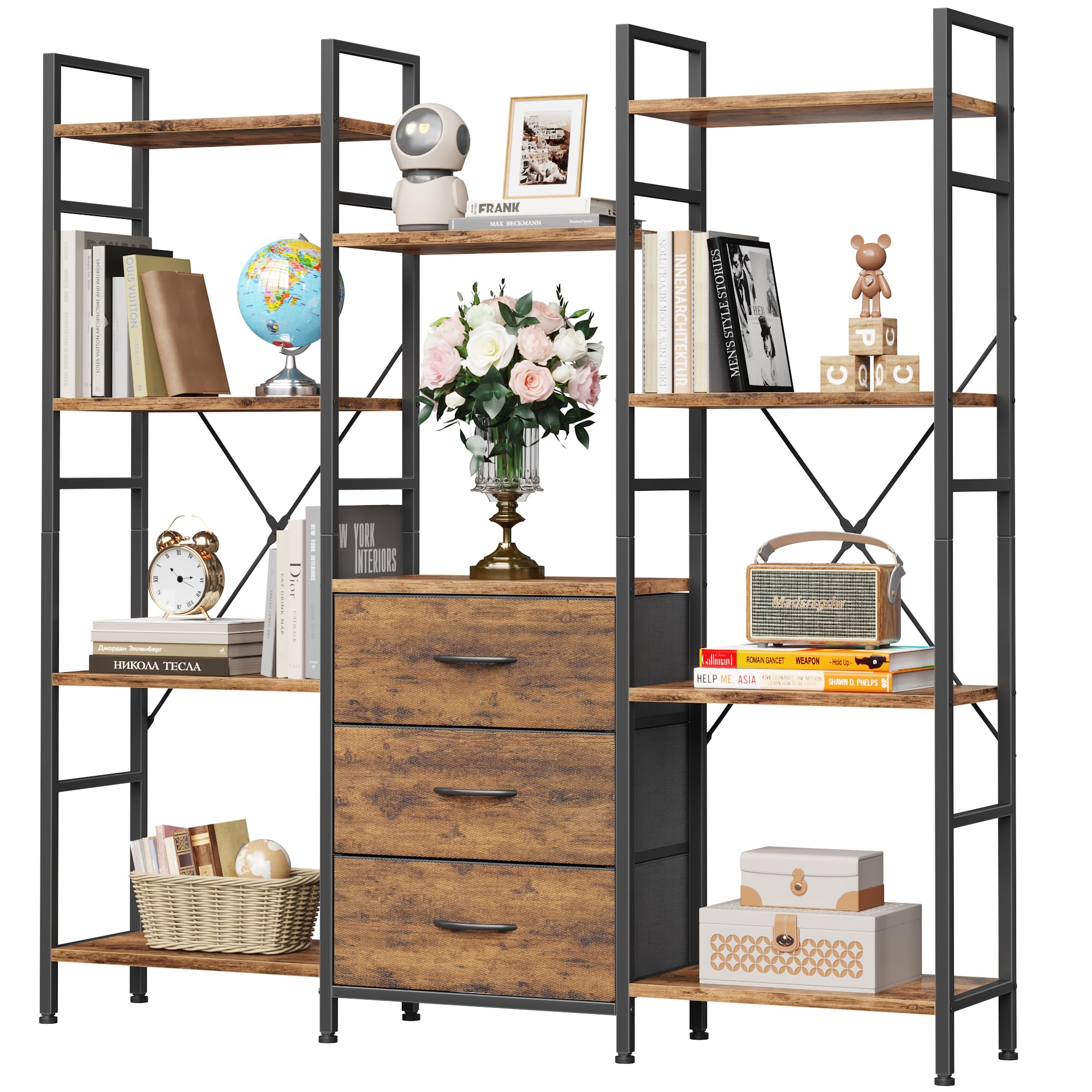 OYRREU 100W x142Hcm Tall Bookcase with 3 Fabric Drawers, 4 Tier Book Shelf Unit, 100cm Wide and Large Bookshelf Storage Unit for Living Room Garden Bedroom Home, Industrial Wood Open Shelves Display — image 1