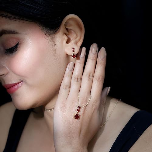 Vista 10 de Juego de joyas de rubí creado de 6 quilates para mujer, conjunto de joyas de rubí creado de tres piedras, conjunto de joyas colgantes de rubí
