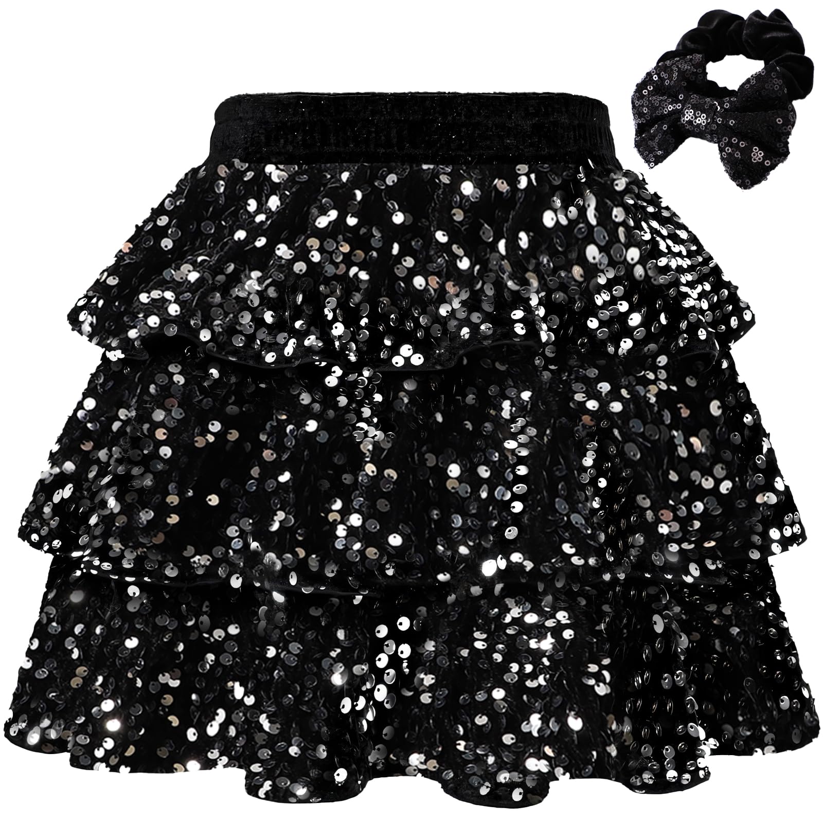 Girls Sequin Skirt 3-Layer Ruffle Skirts Elastic Waist Sparkle Metallic Tulle Skirts with Hair Scrunchies for Girls 6-14Y