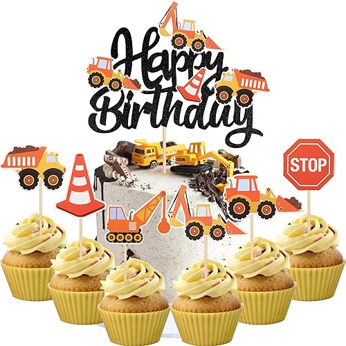 Miniatura 8 de 25 piezas de decoración de cupcakes de construcción de feliz cumpleaños, letrero de parada de camión volquete, excavadora, tractor, cupcake picks