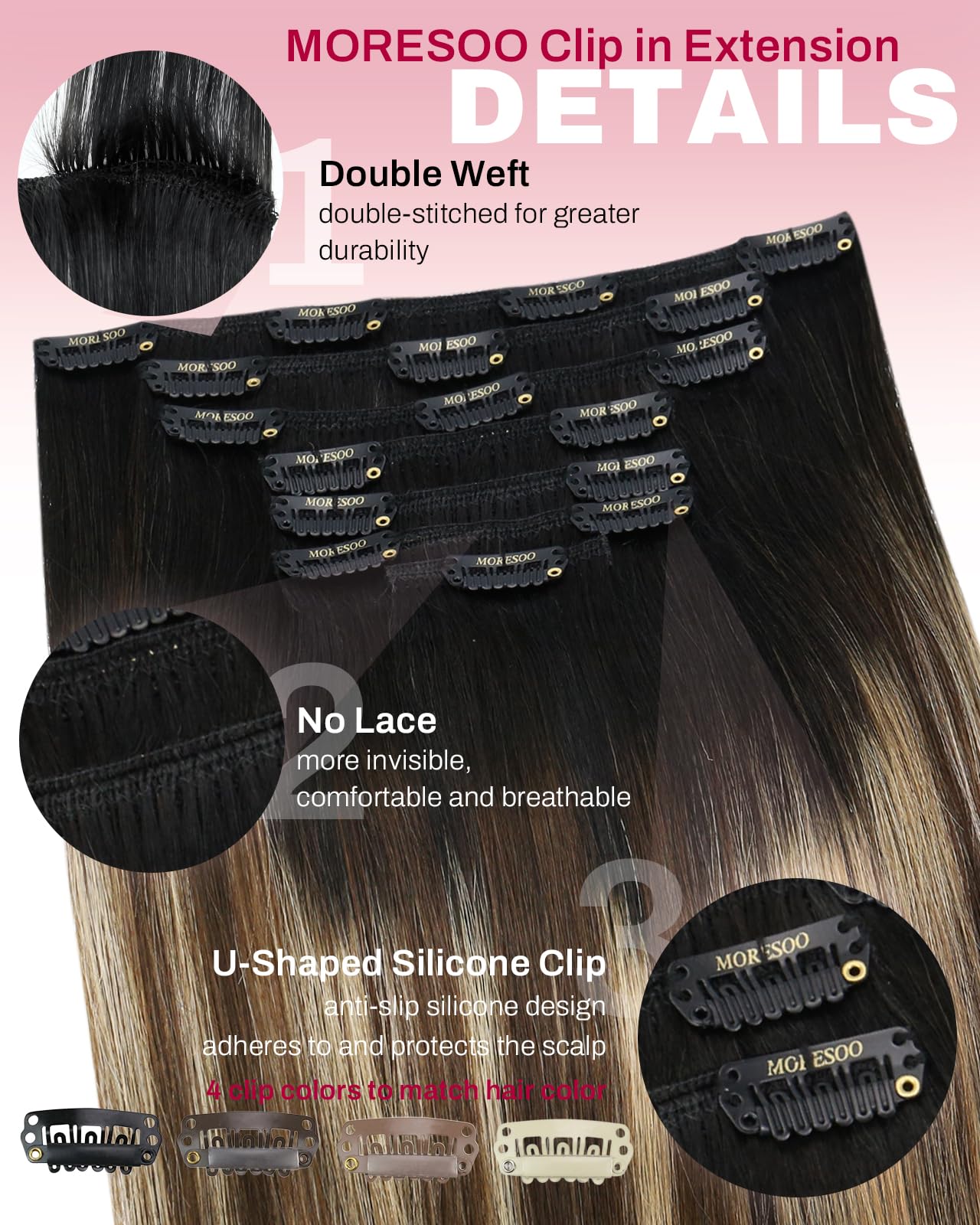 Moresoo Clip in Hair Extensions Real Human Hair Balayage Medium Brown and Blonde Real Hair Extensions Clip in Human Hair for Women Full Head 22 Inch 7pcs/120g #4/6/613 — view 130