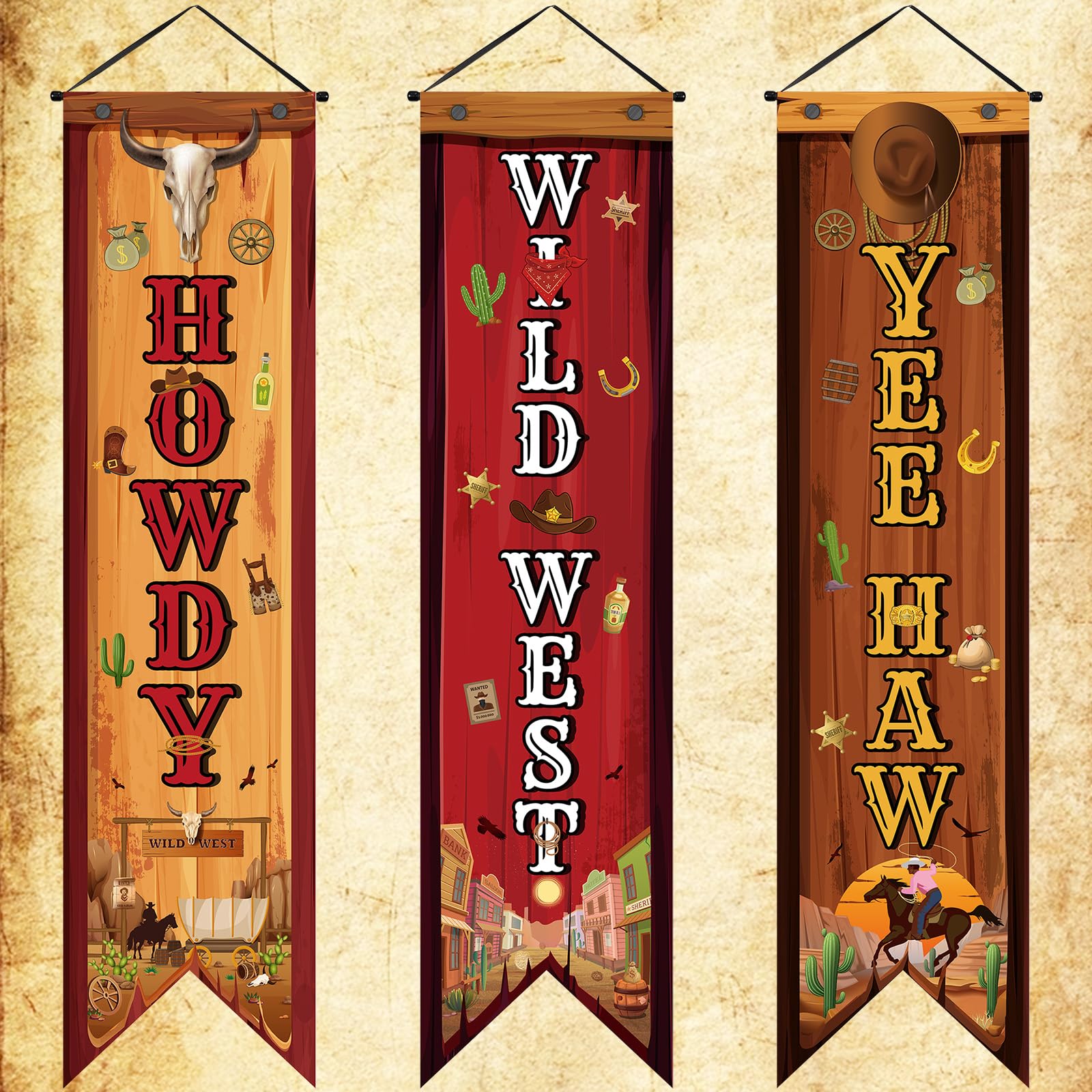 Chiisong 3 Western Party Decorations Cowboy Banners Wild West Hanging Decor Howdy Yes Haw Porch Sign Backdrops for Indoor Outdoor Cowboy Birthday Photo Props Wedding Party Supplies (Western)
