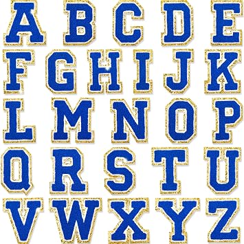 26 Pieces Chenille Letter Patches Iron On Letters Patch Letter Patches Glitter Chenille Patches A-Z Patch Embroidered Patch Gold Border Sew On Patches for Clothing Hat Shirt Bag Blue, White