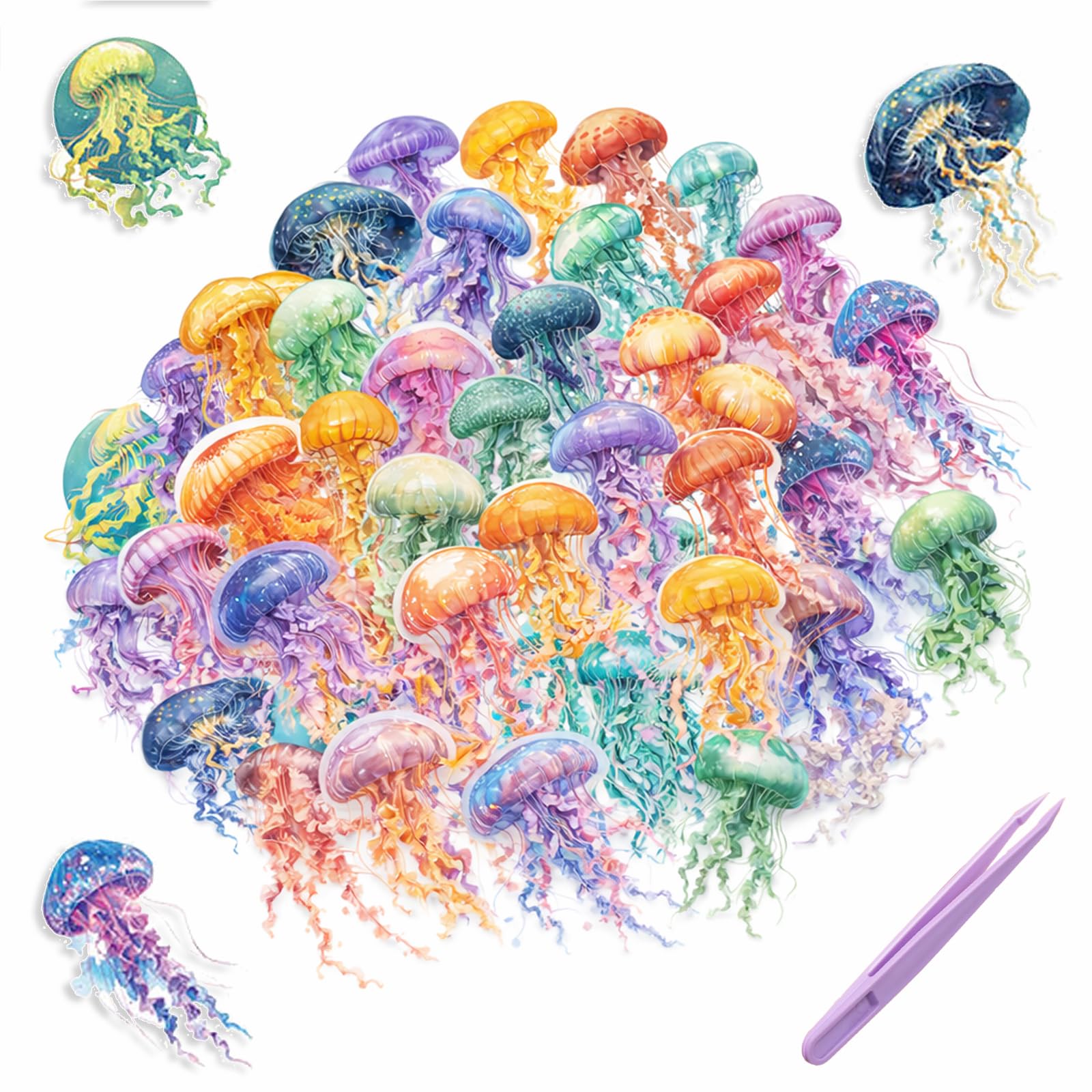 100 PCS Jellyfish Stickers Waterproof Repositionable Ocean Decals for Laptop Water Bottle Phone Scrapbook - 50 Unique Marine Animal Designs in Vibrant Colours Including Green Yellow Neon Transparent