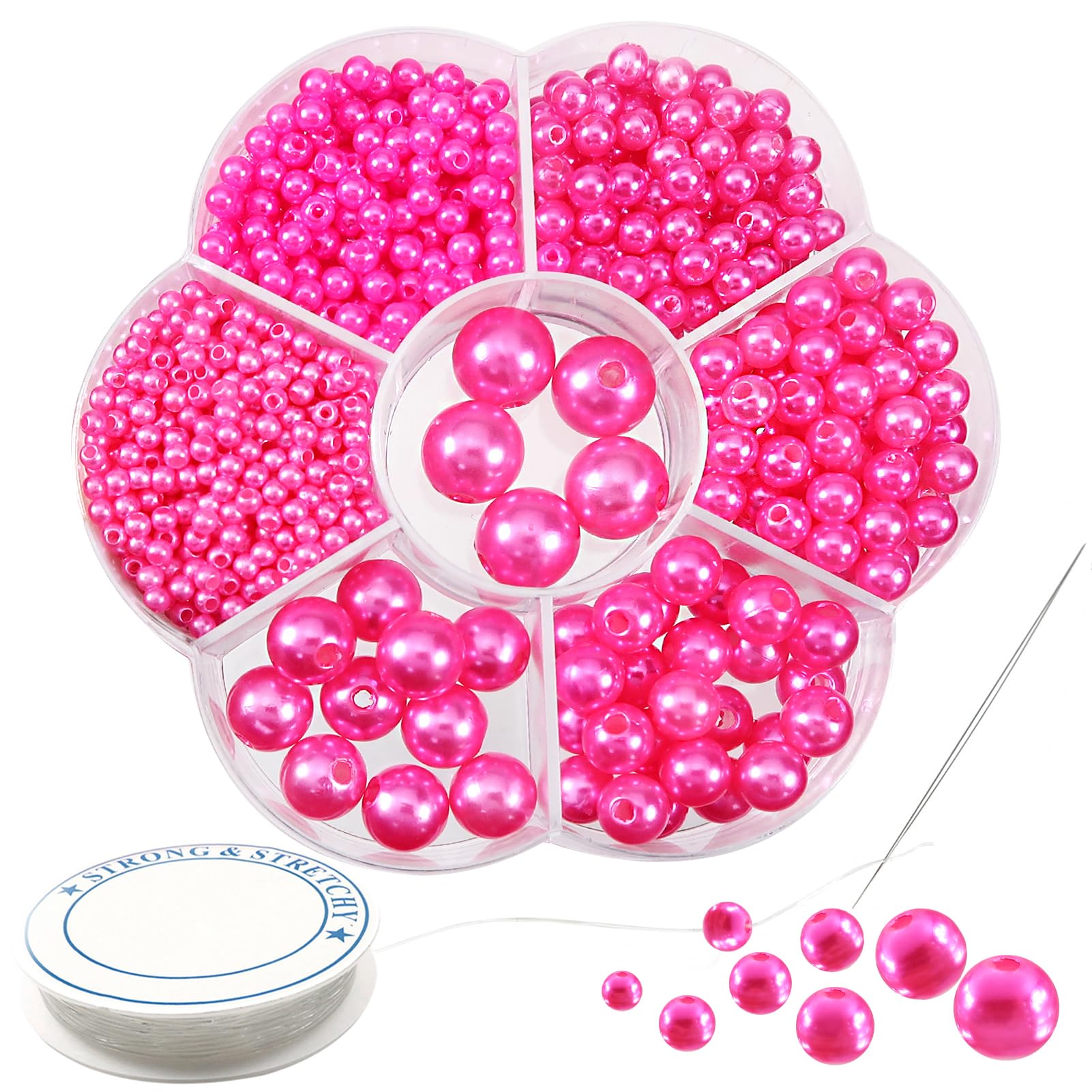 TOAOB 1160pcs Pink Pearl Beads Acrylic Beads 3mm 4mm 5mm 6mm 8mm 10mm 12mm Round Loose Imitation Pearls with Clear Stretch Cord for Jewellery Making DIY Bracelets Necklaces Accessories Craft Project