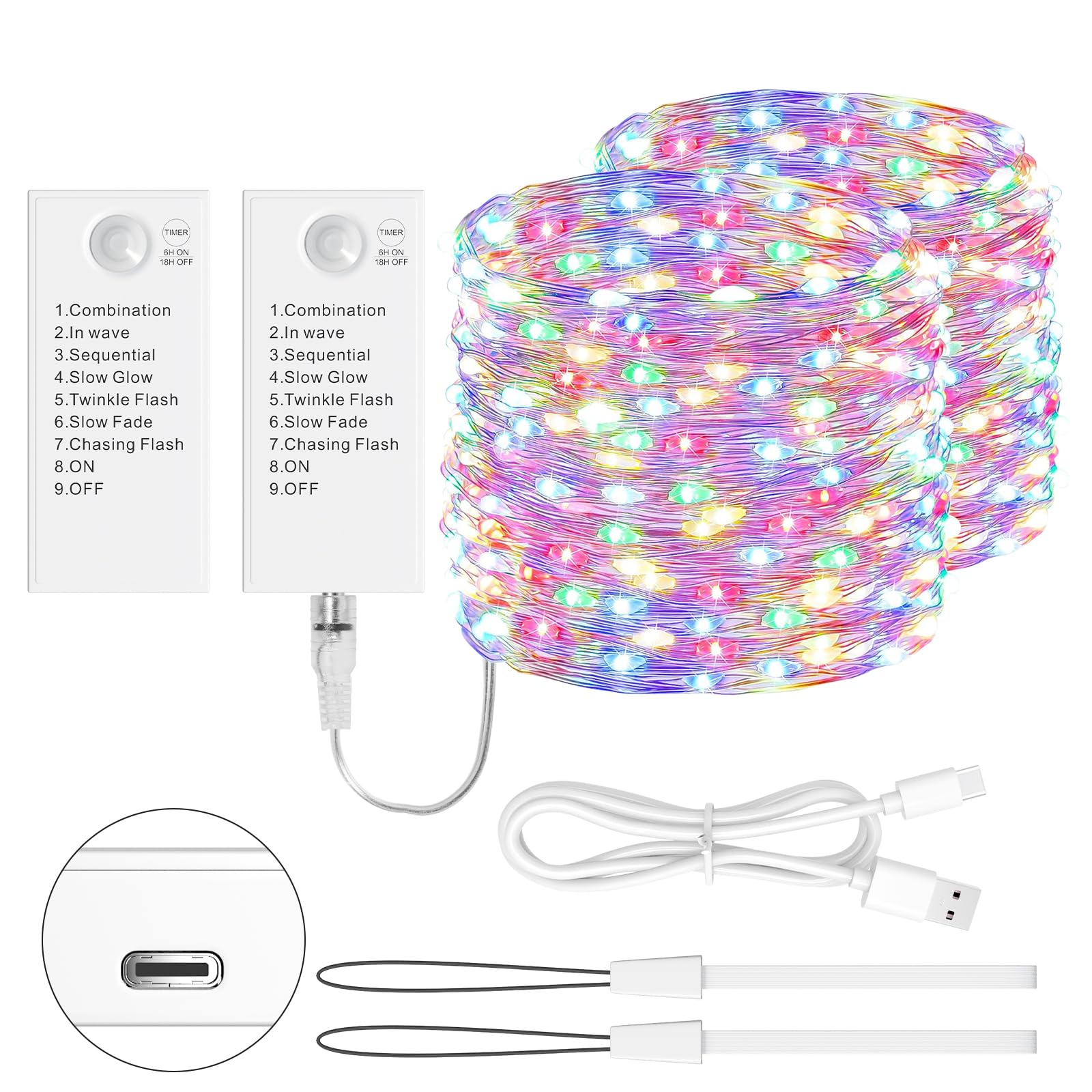 LED Lichterkette 5M mit wiederaufladbarem Batteriefach,50 LEDs, 8 Modi & Timer, Silberdraht Lichterkette für Weihnachten, Hochzeit, Innen Deko, Party (Mehrfarbig, 2 Stück)