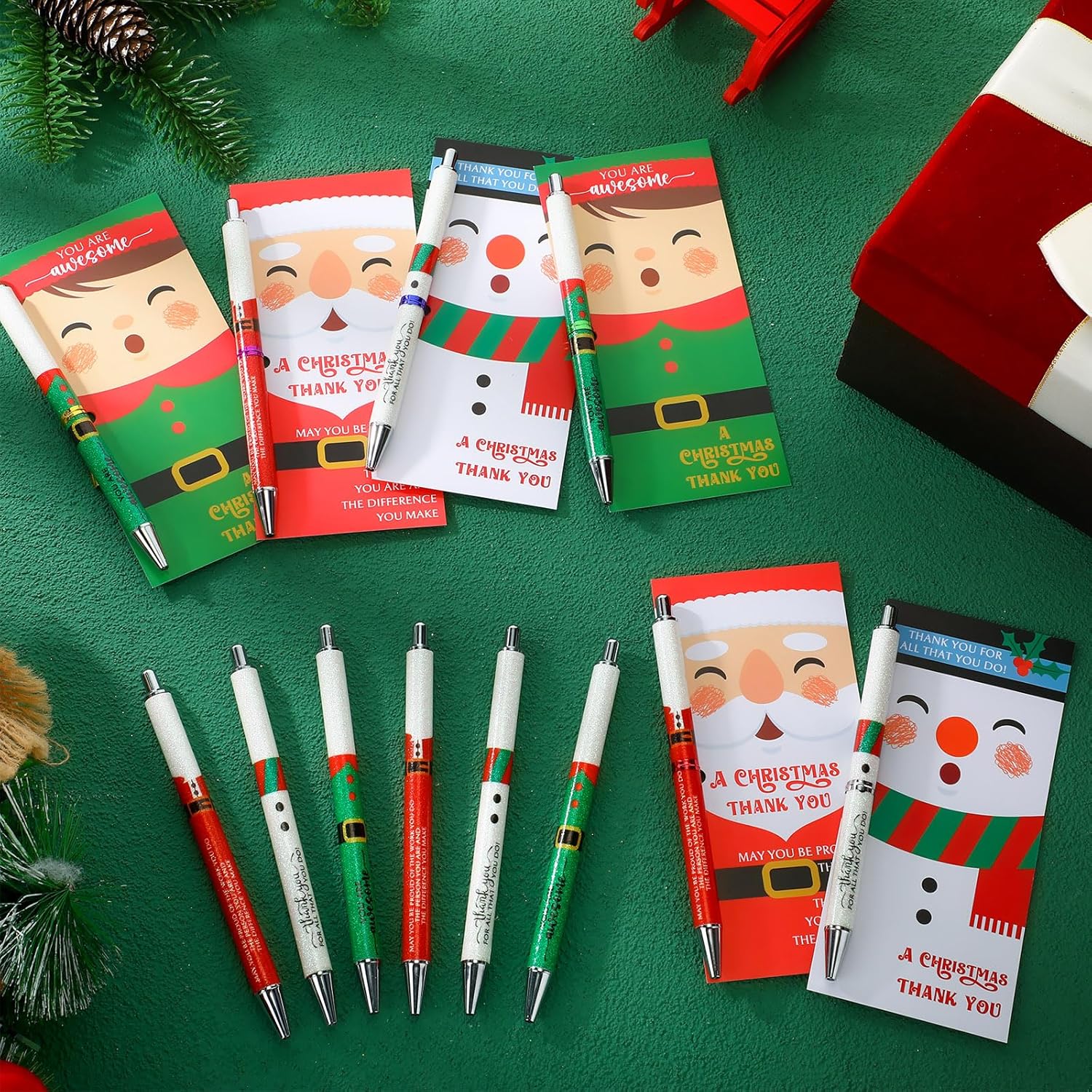 Sayglossy 50 Sets Christmas Glitter Pen Gifts Bulk Glitter Santa Claus Novelty Pens Snowman Elf Inspirational Christmas Ballpoint Pens with Thank You Cards for Employee Teacher Coworker