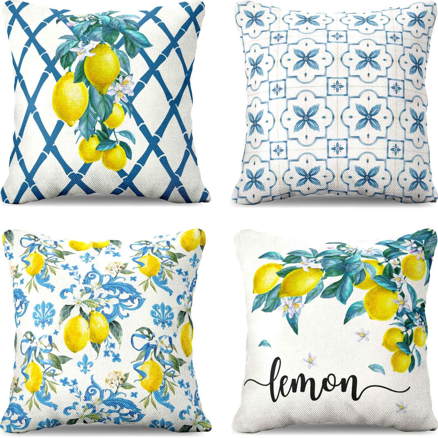 LUVIVIHOME Mediterranean Lemon Pillow Covers, Decorative Throw Pillow Covers, Summer Fruit Blue Tiles Teal Leaves White Floral Pillow Case for Sofa