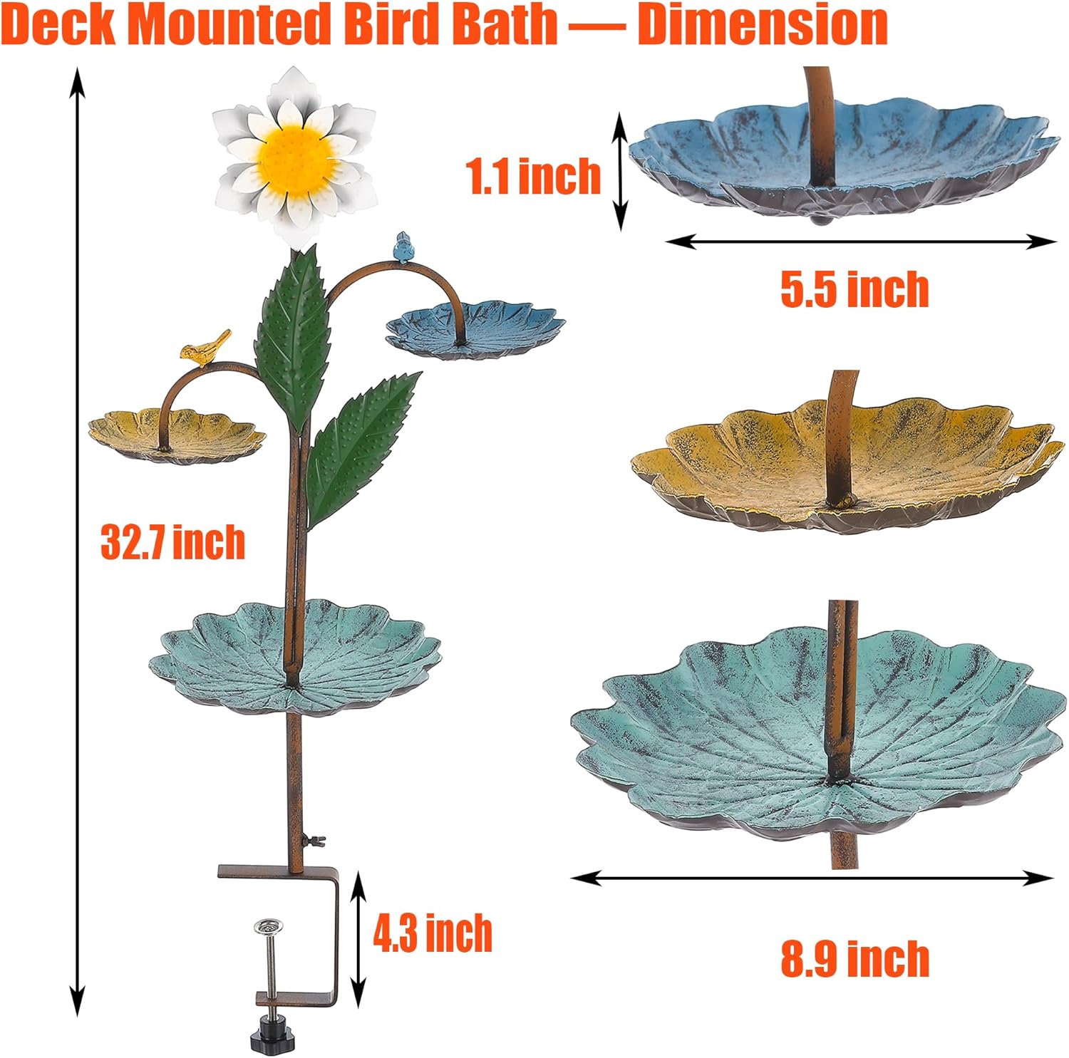 Deck Bird Feeder for Outdoors, Decorative 3 Bird Feeder Bowl Tray for Balcony Railing Outside