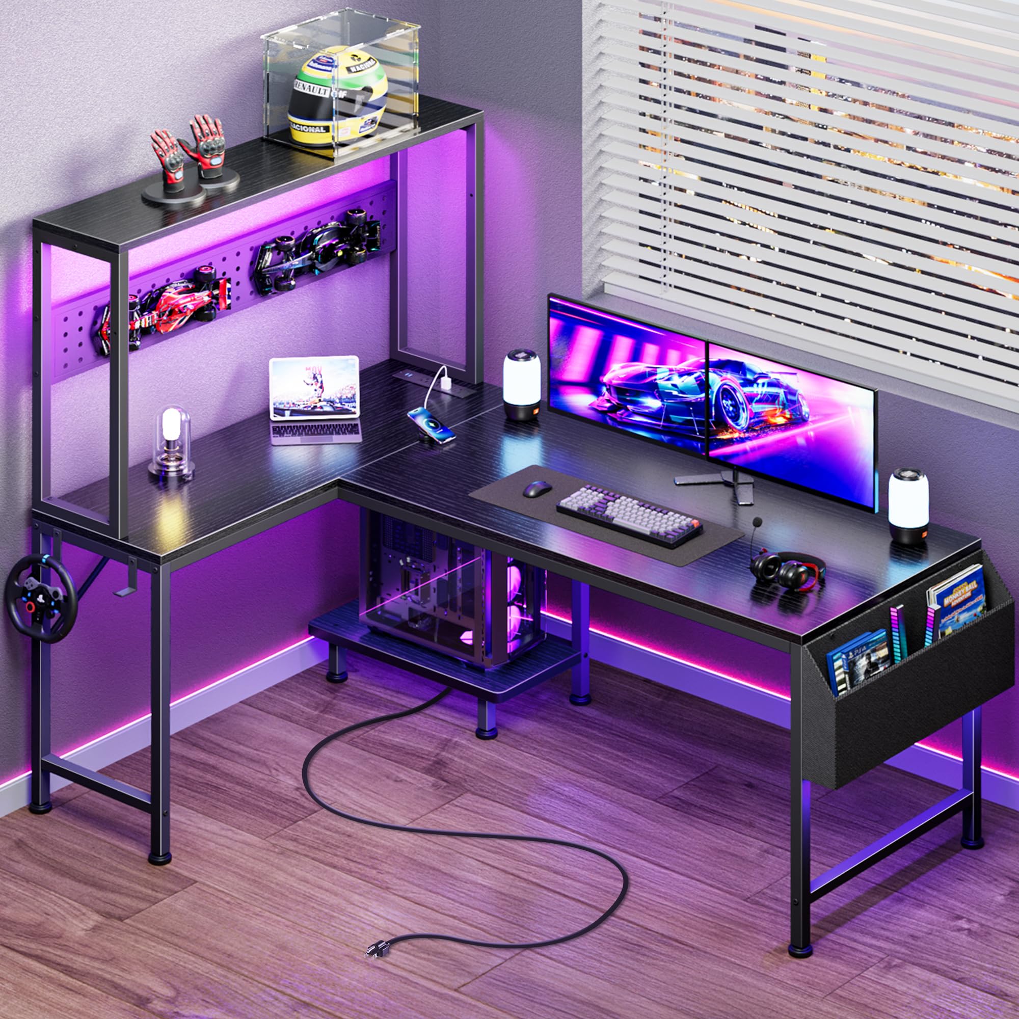 Photo 1 of PRAISUN L Shaped Gaming Desk with LED Lights & Power Outlets