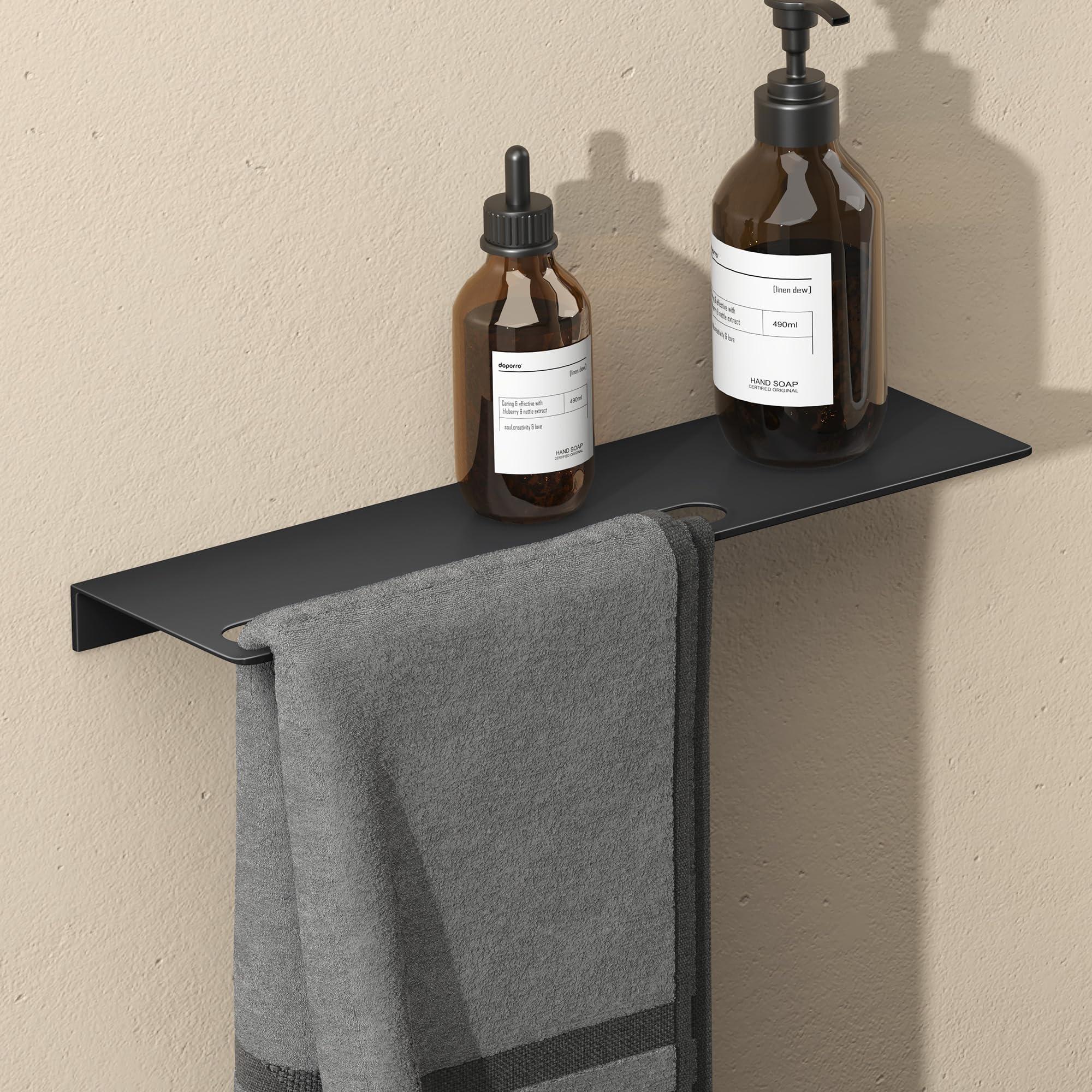 doporro Estante con Toallero Integrado de Aluminio Negro Mate, 32×125×400 mm, Acabado con Recubrimiento en Polvo, Instalación con Taladro o Adhesivo, Reglo-06